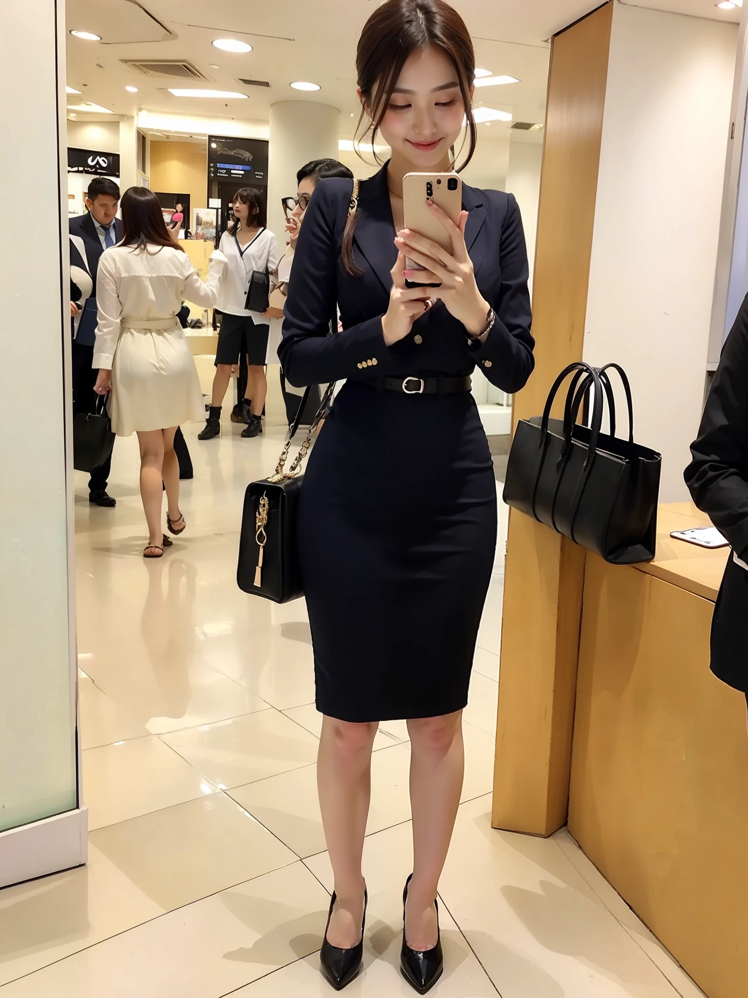 Woman in white shirt and white skirt holding cell phone, office clothes, wearing dresses, Business attire, appearing in a shopping mall, business outfit, Full body female, Business woman, Full body picture, Wearing a skirt, in mall, full body cute young lady, distant full body shot, wide full body, female in office dress, in a mall