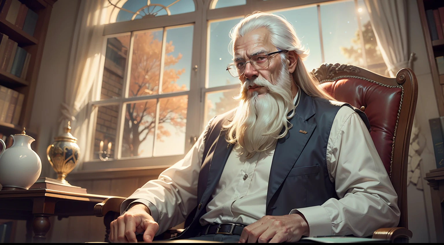 Elder jesus seated on a chair by a fireplace, old and wrinkled, long white beard, library, large window in background, fantasy, wonder, amazing, bright office or study, backlighting, bloom, light sparkles, sharp focus, 8k