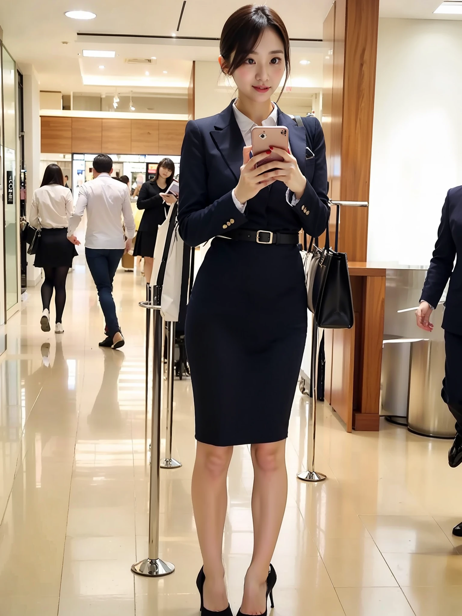 Woman in white shirt and white skirt holding cell phone, office clothes, wearing dresses, Business attire, appearing in a shopping mall, business outfit, Full body female, Business woman, Full body picture, Wearing a skirt, in mall, full body cute young lady, distant full body shot, wide full body, female in office dress, in a mall