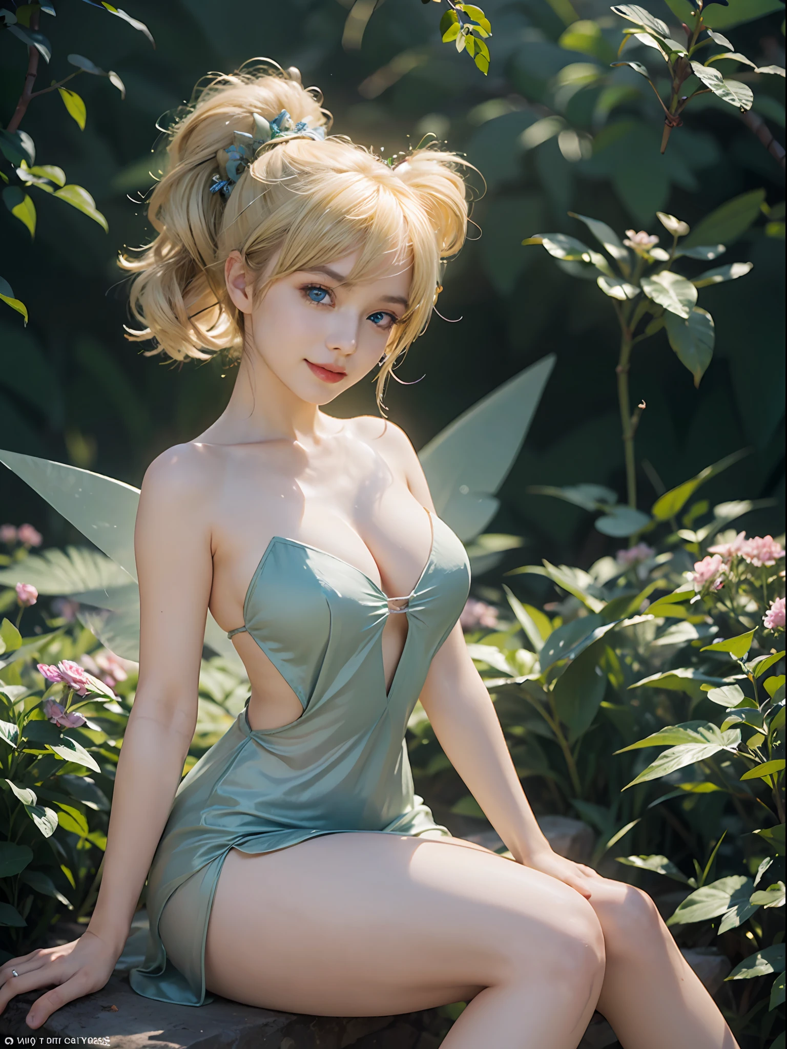 tinker bell, (blonde:1.2), green fariy outfit, faery wings, transparent wings, blue eyes, beautifull smile, (sit in the middle of a big flower), (ultra detailed), (8k, intricate), (85mm), light particles, lighting, full body, (highly detailed:1.2), breast focus, (detailed face:1,5), (gradients), sfw, colorful, (detailed eyes:1.5), (detailed background), (rule of third_composition:1.3), (Line of action:1.2), daylight, solo