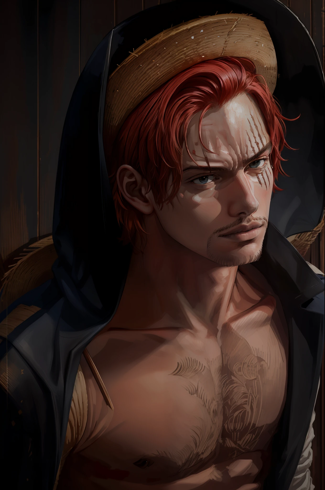 (masterpiece, best quality),  intricate details,
 1boy, man, red hair, straw hat, Shnks, shanks \(one piece\),  scar on face,