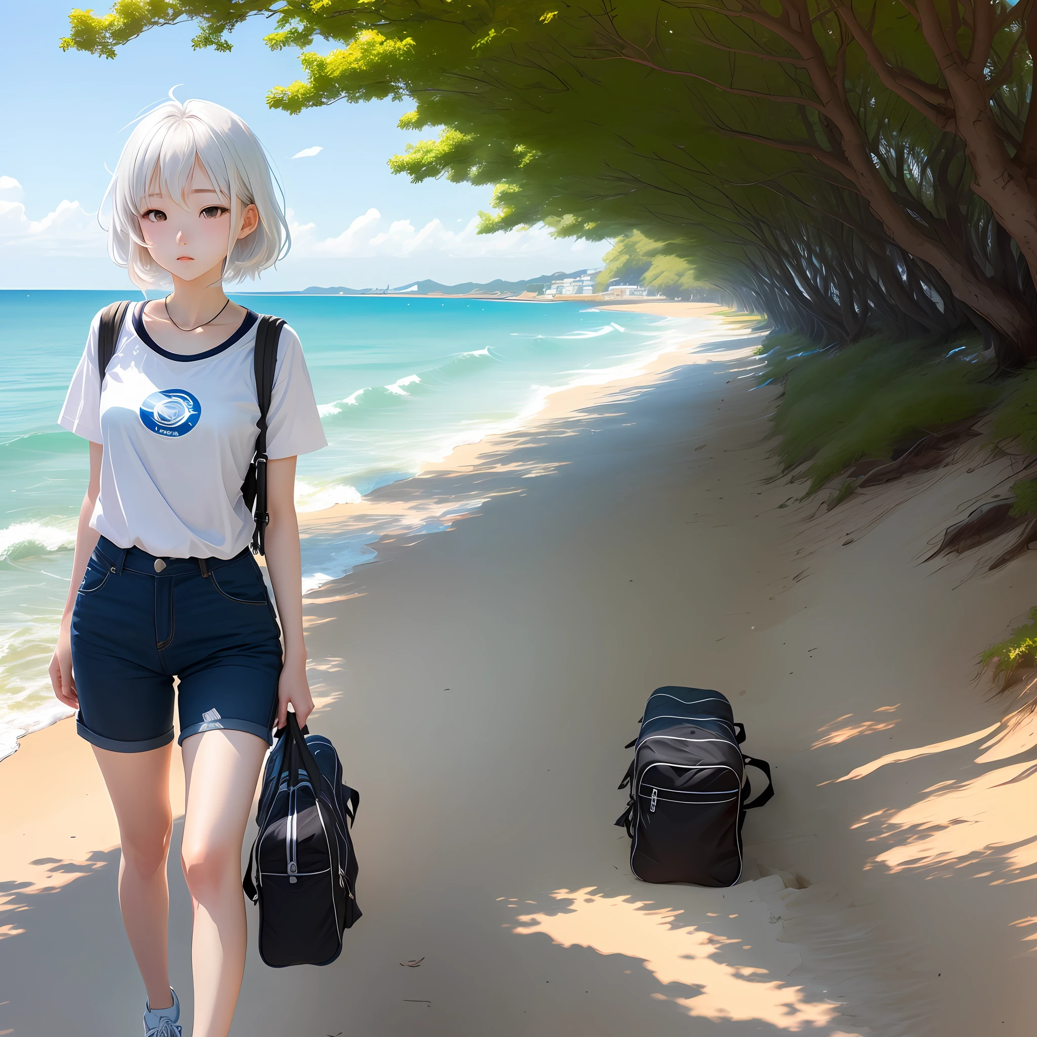 sea beach,A white-haired girl,shorter pants,short- sleeved,flatchest,Sleep under a tree,She has a sports bag next to her。Anime style