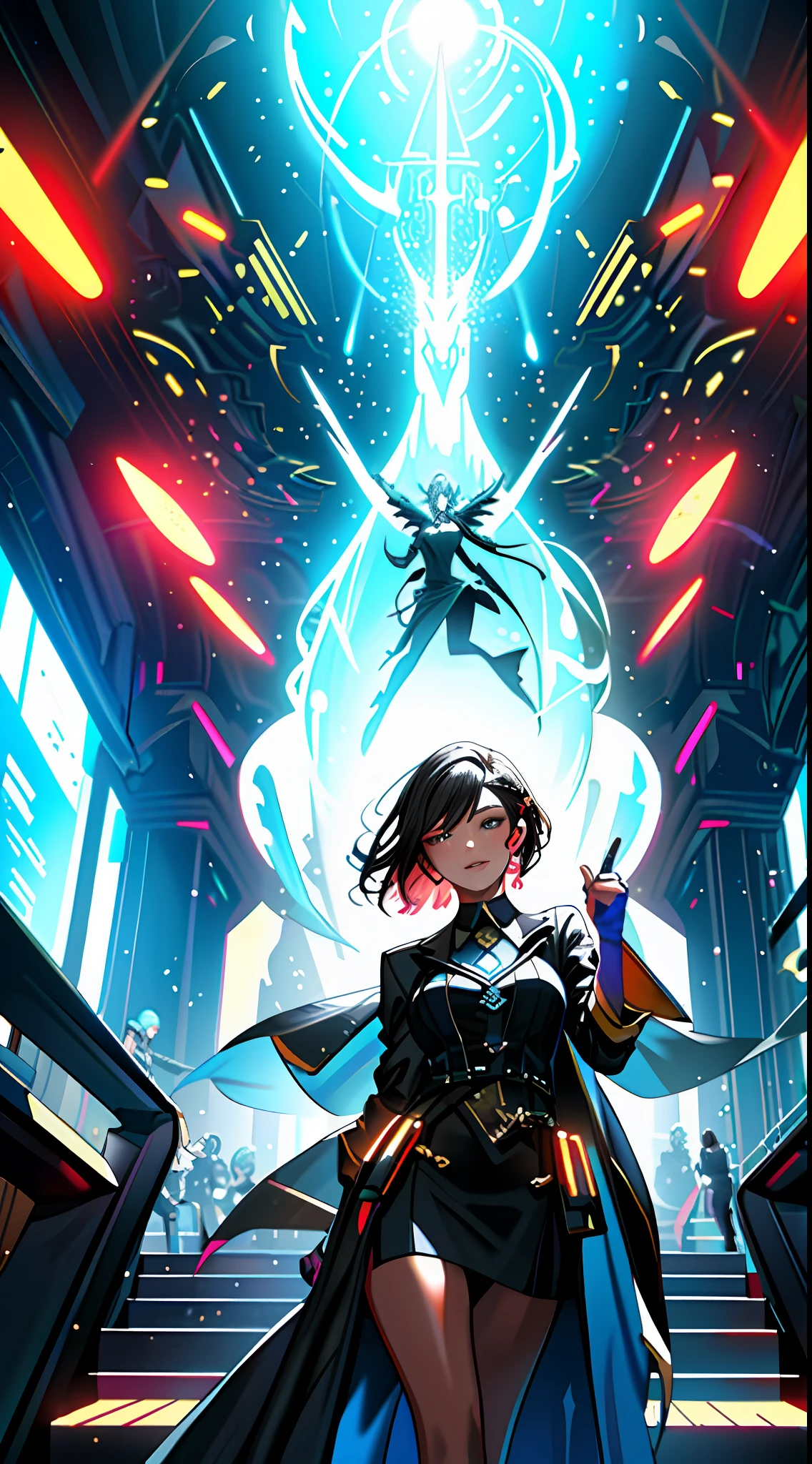 (masterpiece, best quality), 1lady, solo, masterpiece, artstation, dynamic, charming, magical, unreal engine, fantastically beautiful, illustration, dramatic lighting, rave background, neon glow, maximalist