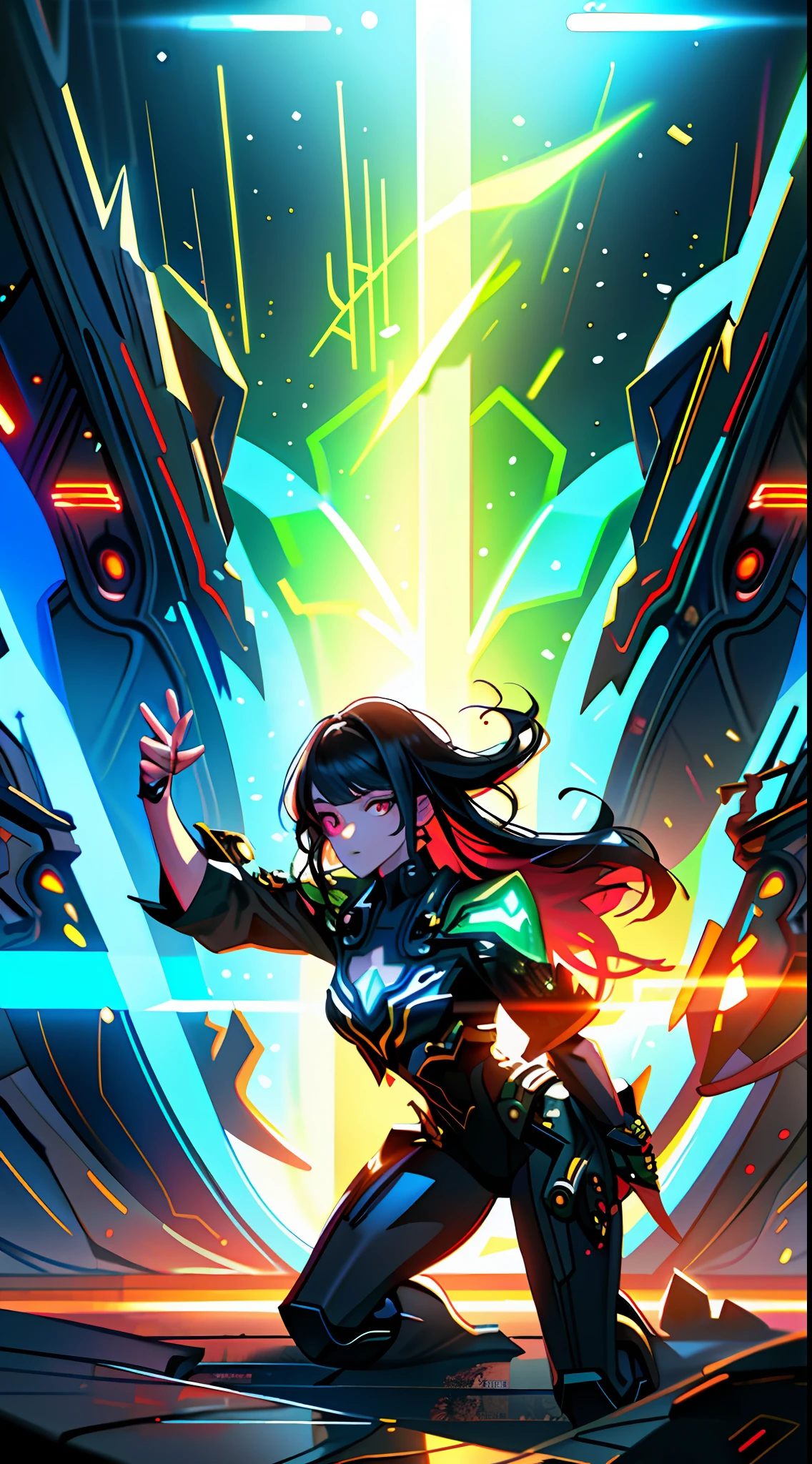 (masterpiece, best quality), 1lady, solo, masterpiece, artstation, dynamic, charming, magical, unreal engine, fantastically beautiful, illustration, dramatic lighting, rave background, neon glow, maximalist