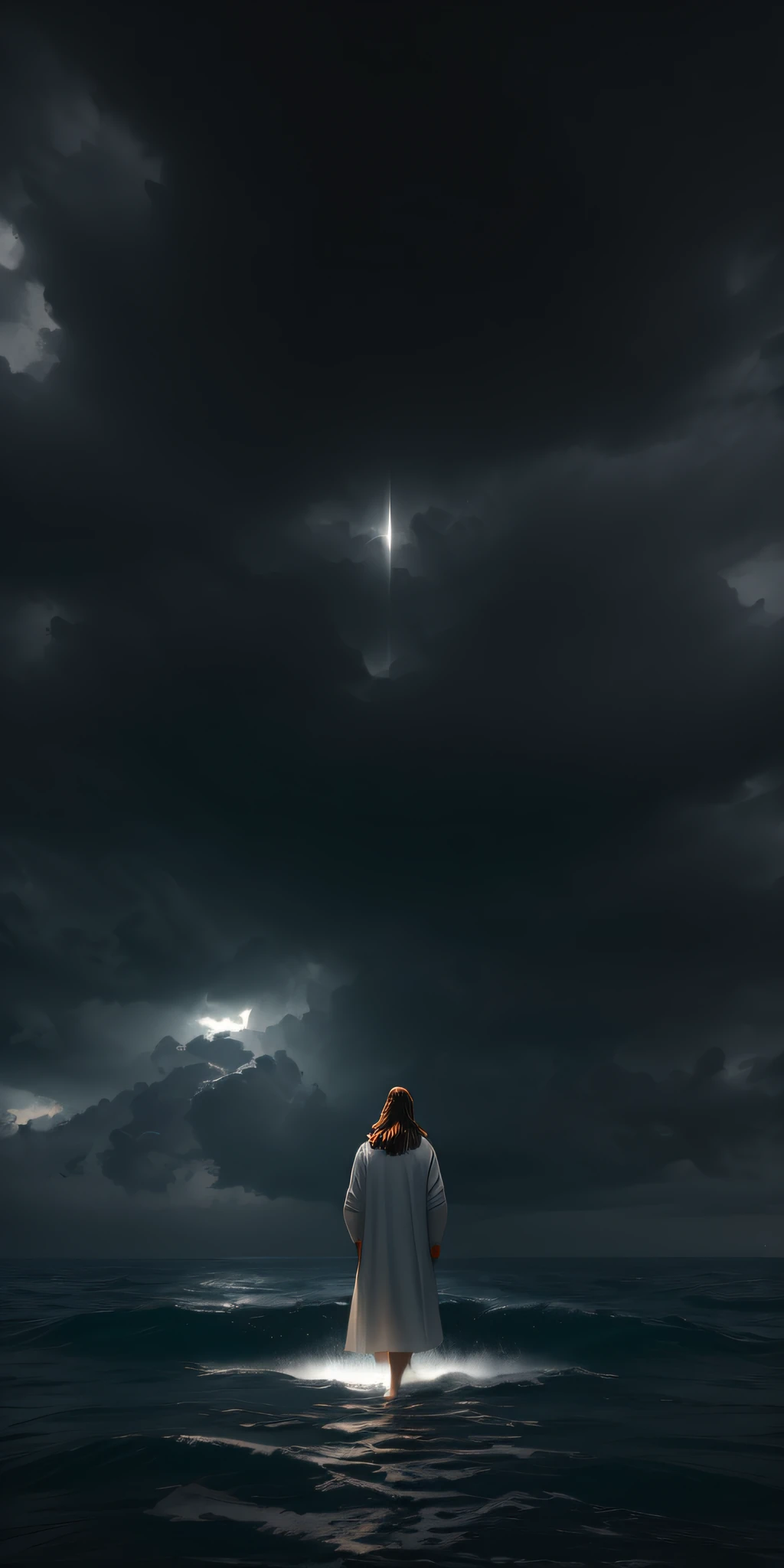 jesus walking on water in a storm, masterpiece, best quality, high quality, extremely detailed CG unit 8k wallpaper, award winning photography, Bokeh, Depth of Field, HDR, bloom, Chromatic aberration, photorealistic, extremely detailed, trending on artstation, trending on CGsociety, intricate, high detail, dramatic, mid-journey art, volumetric lighting