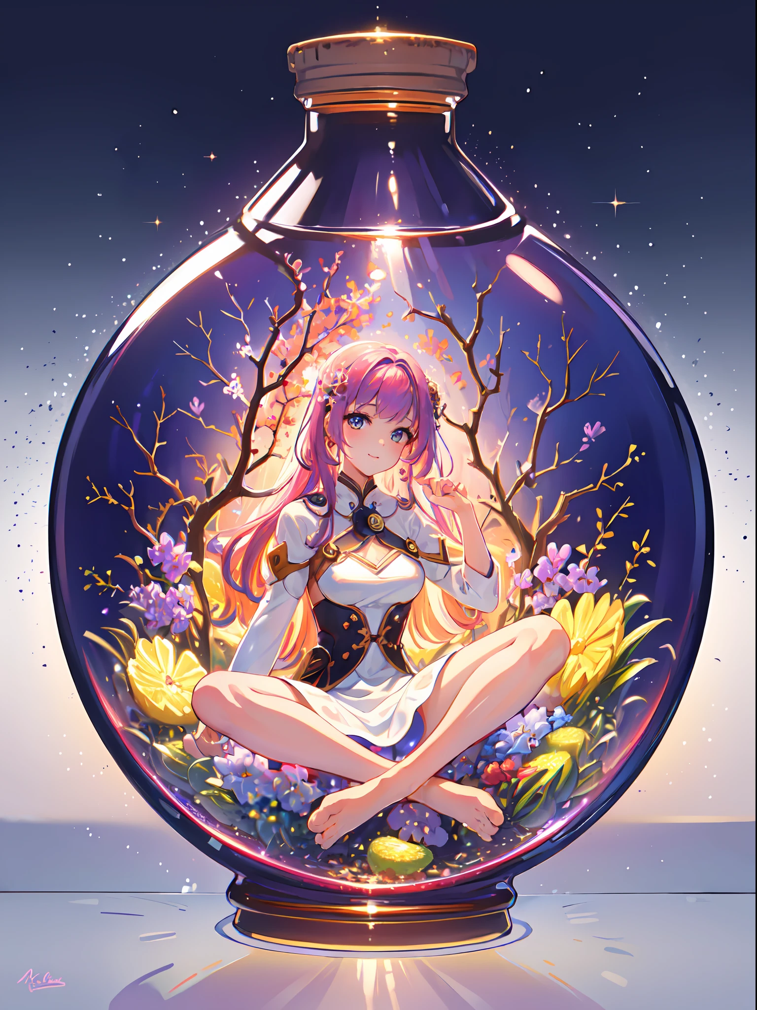 perfect eyes:1.2, detailed eyes:1.4, pineapple, smile, sitting, air bubble, (masterpiece:1.6, best quality), phgls, /bottle, in container, (finely detailed beautiful eyes: 1.2), 1girl, solo, big breasts, purple hair, pink hair, two-tone hair, underwater, floating hair, (((masterpiece))),(((best quality))),(((extremely detailed))), illustration, mysterious, vivid color, shiny, underwater transparent sealed hemispherical glass, full body, barefoot, long hair tranquil nature, koi, Underwater, close up, Dynamic actions, Lens perspective, sit cross-legged and lean against the bookshel, volumetric lighting, multi-color eyes, detailed eyes, hyper detailed, light smile, highly detailed, beautiful, small details, ultra detailed, best quality, intricate, 4k, 8k, trending on artstation, good anatomy, beautiful lighting, award-winning