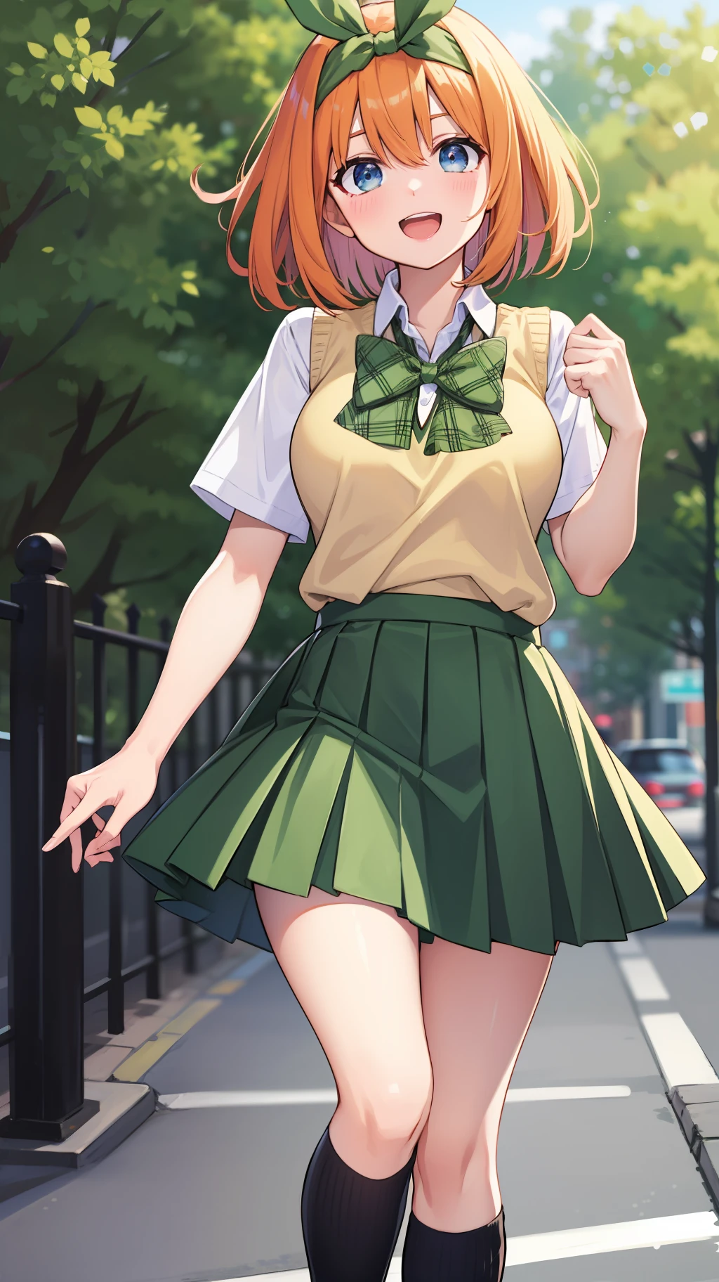 yotsuba nakano, bangs, short hair, blue eyes, hair between eyes, hair ribbon, hairband, orange hair, green ribbon,skirt, shirt, bow, ribbon, school uniform, white shirt, short sleeves, pleated skirt, shoes, socks, collared shirt, miniskirt, bowtie, black footwear, kneehighs, green skirt, black socks, loafers, green bow, sweater vest, green ribbon, knee socks, outdoors, excited, laugh, looking at viewer,