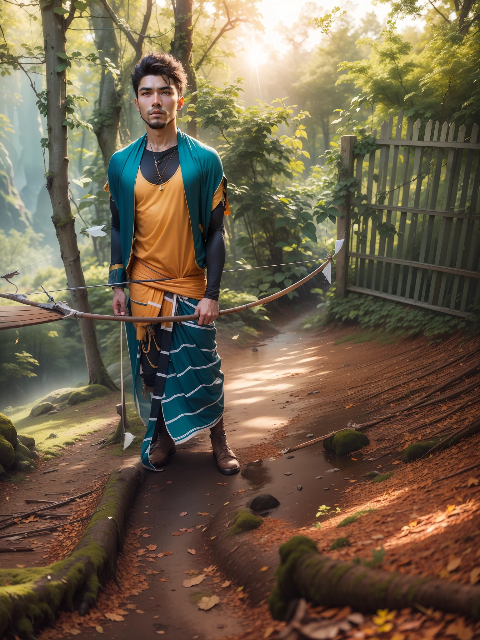 Change the background into the forest with sunlight,man wear the saint clothes, hold the arrow and bow,looking so handsome,realistic original face,hd quality,ultra photography