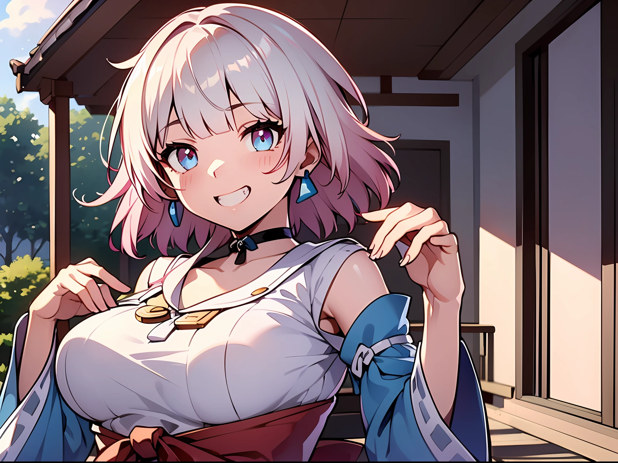 (Masterpiece:1.3), (Best quality:1.3), high resolution,
Dutch angle, Kuboy shoots,
Leaning forward, breasts squeezed, body facing the front,
(A cute girl:1.3), Solo,
White skin, Busty, eight-headed person,
Light blue hair, (short detailed hair:1.2), (Short hair:1.2), (Blunt bangs:1.2), Beautiful hair, Blue eyes, Beautiful detailed eyes,
Blush, Heart, cheerful grin,
shrine maiden, White and red shrine maiden, Detached sleeves, Earrings,
Outdoors, shrines, cherry tree,
shaded lighting,
