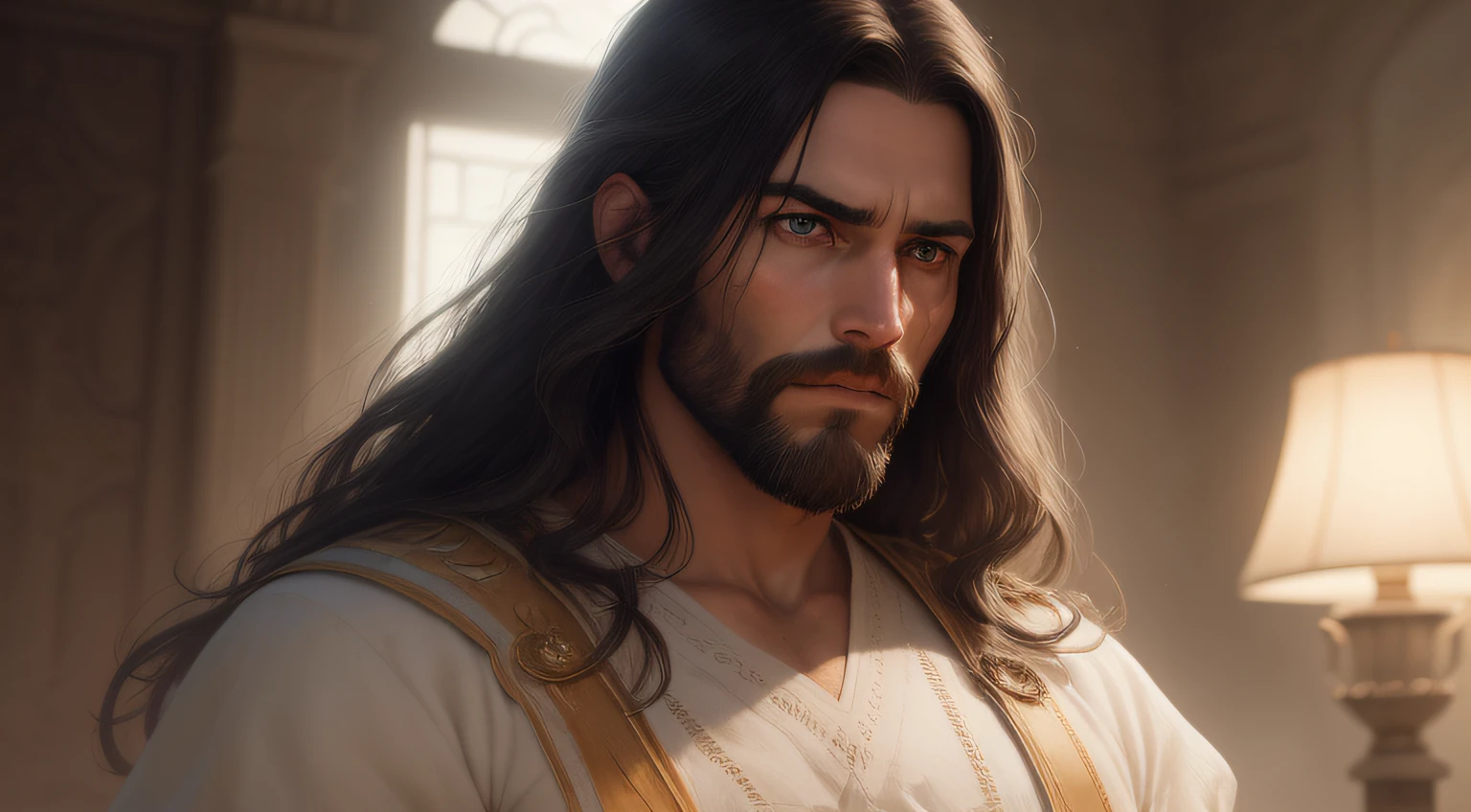 homem de barba e cabelos longos, Dress with white tunic, segurando um cajado, Jesus Cristo, epic realistic, Soft cinematic portrait, adobe lightroom, photographic lab, altamente detalhado, desbotado, arte de greg rutkowski e artgerm ,cores neutras: 1,2), (hdr: 1,4) , (cores suaves:1.2), hiperdetalhado, (artstation:1.4), cinemactic, luzes quentes, dramatic light, (detalhes intrincados:1.1), fundo complexo, (rutkowski:0.66), (azul e laranja:0.4