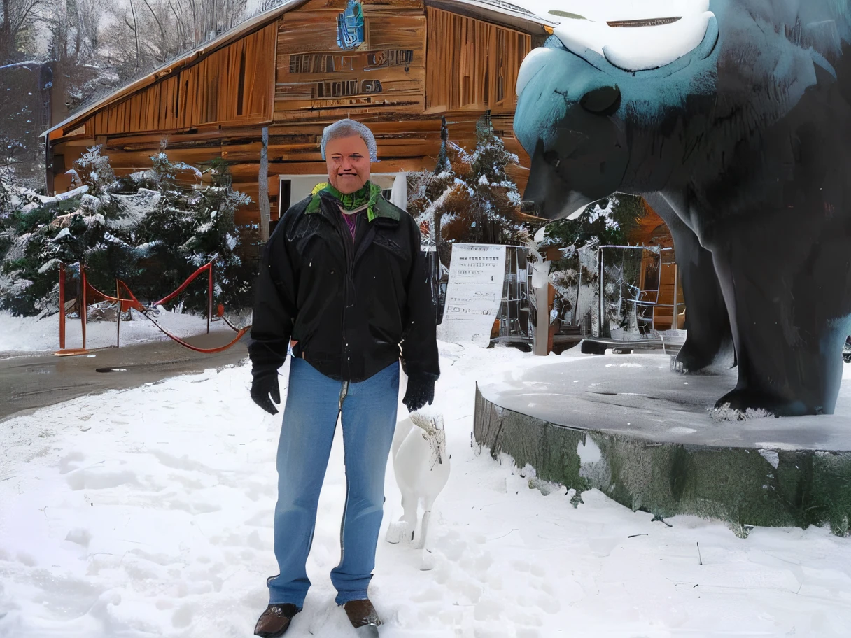 Arafed man standing in front of a statue of a bear, tirada em silver dollar city, Fechar tiro de corpo inteiro, 2 0 1 0 foto, digitalizado em, Jeff, De Wheaton (Illinois), tiro de corpo inteiro, inverno, tiro de corpo inteiro, Wyoming, standing in the snow, corpo inteiro em tiro, guy with horse head, Fotografia de 2006