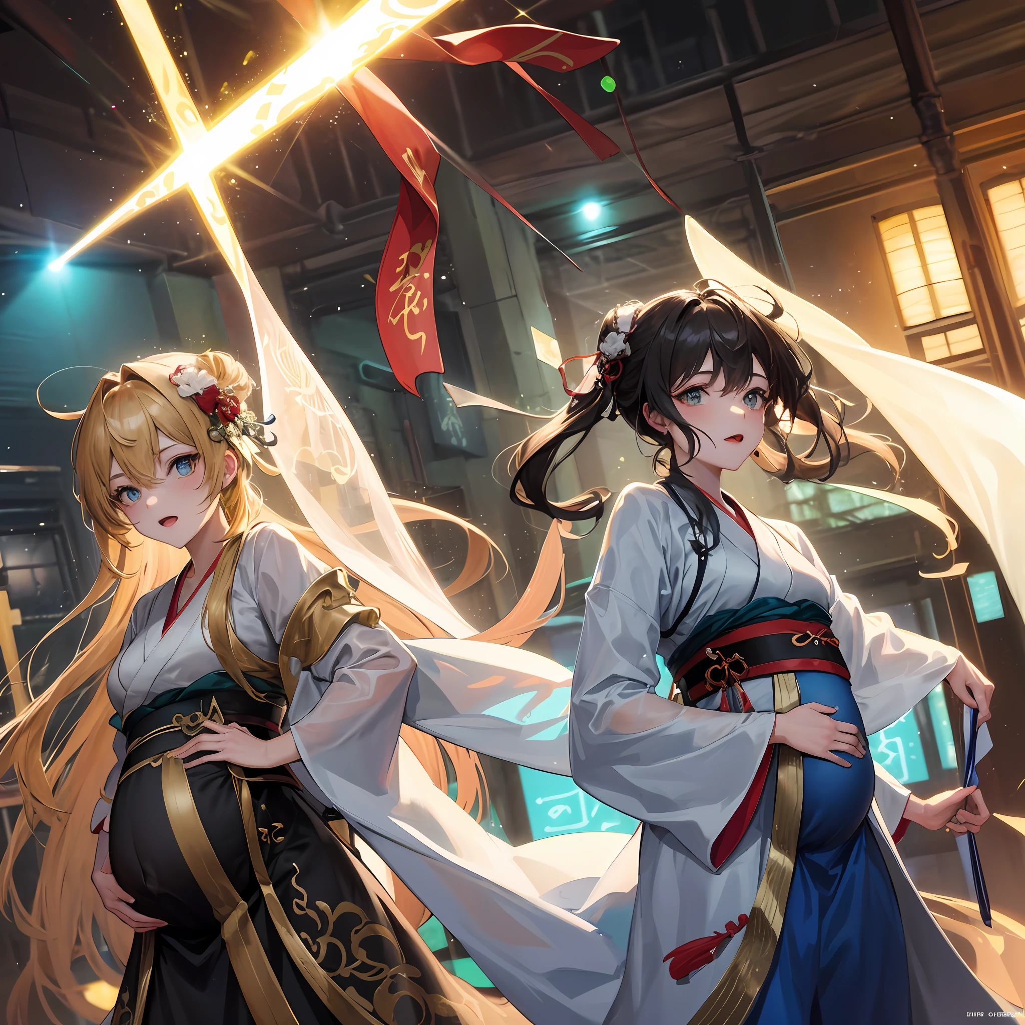 tmasterpiece，best qualtiy，Two men and two women, One of the women was pregnant with a side light，lens flare glow，Ray traching，Sharp focus，Wearing Hanfu，