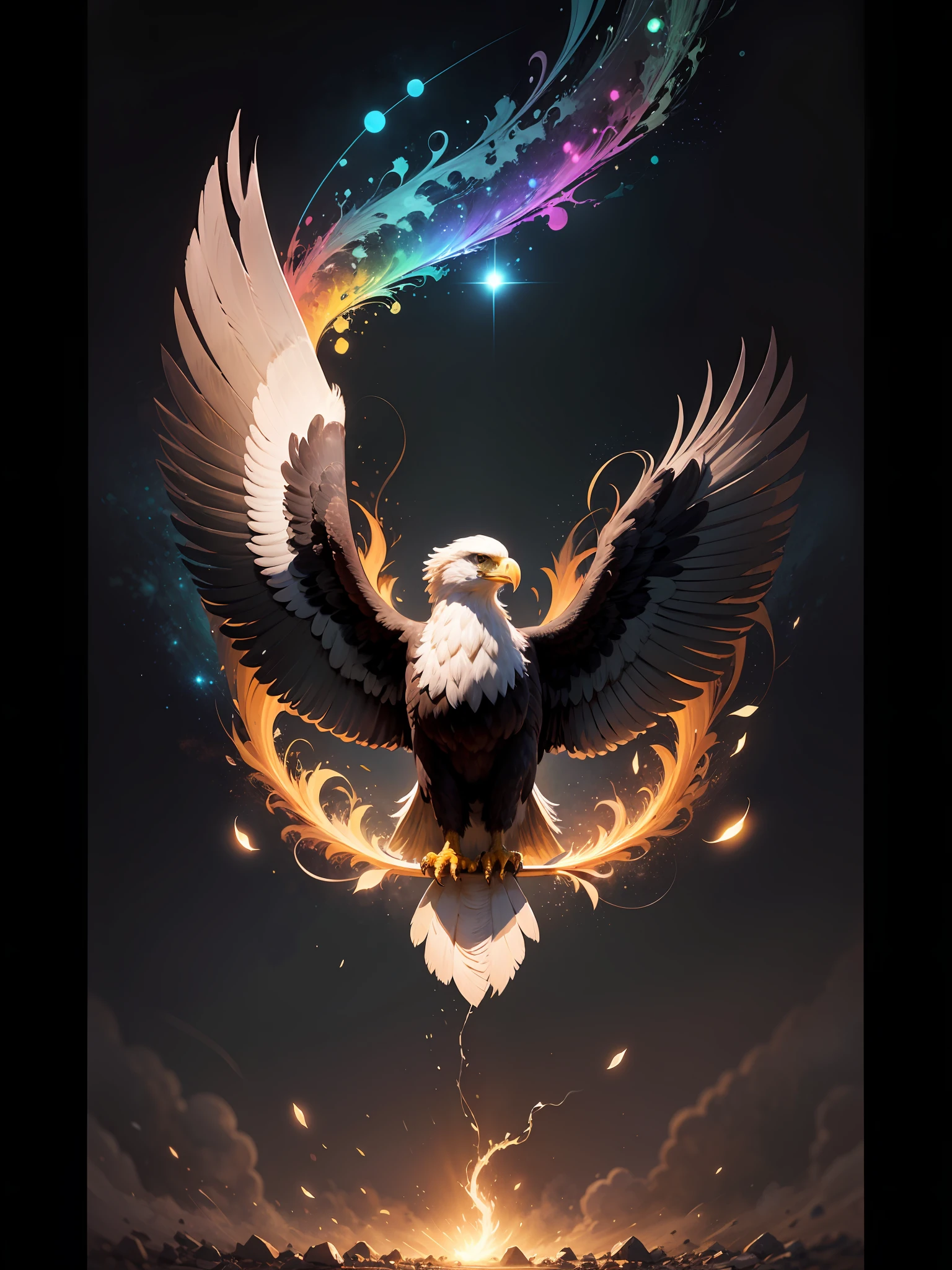 a painting of a colored eagle on a black background,, breathtaking rendering, within a radiant connection, inspired by Kinuko Y. Craft,, magical elements, kitten icon, wow, is beautiful, casting a multi colorful spell, bright flash, flash --auto