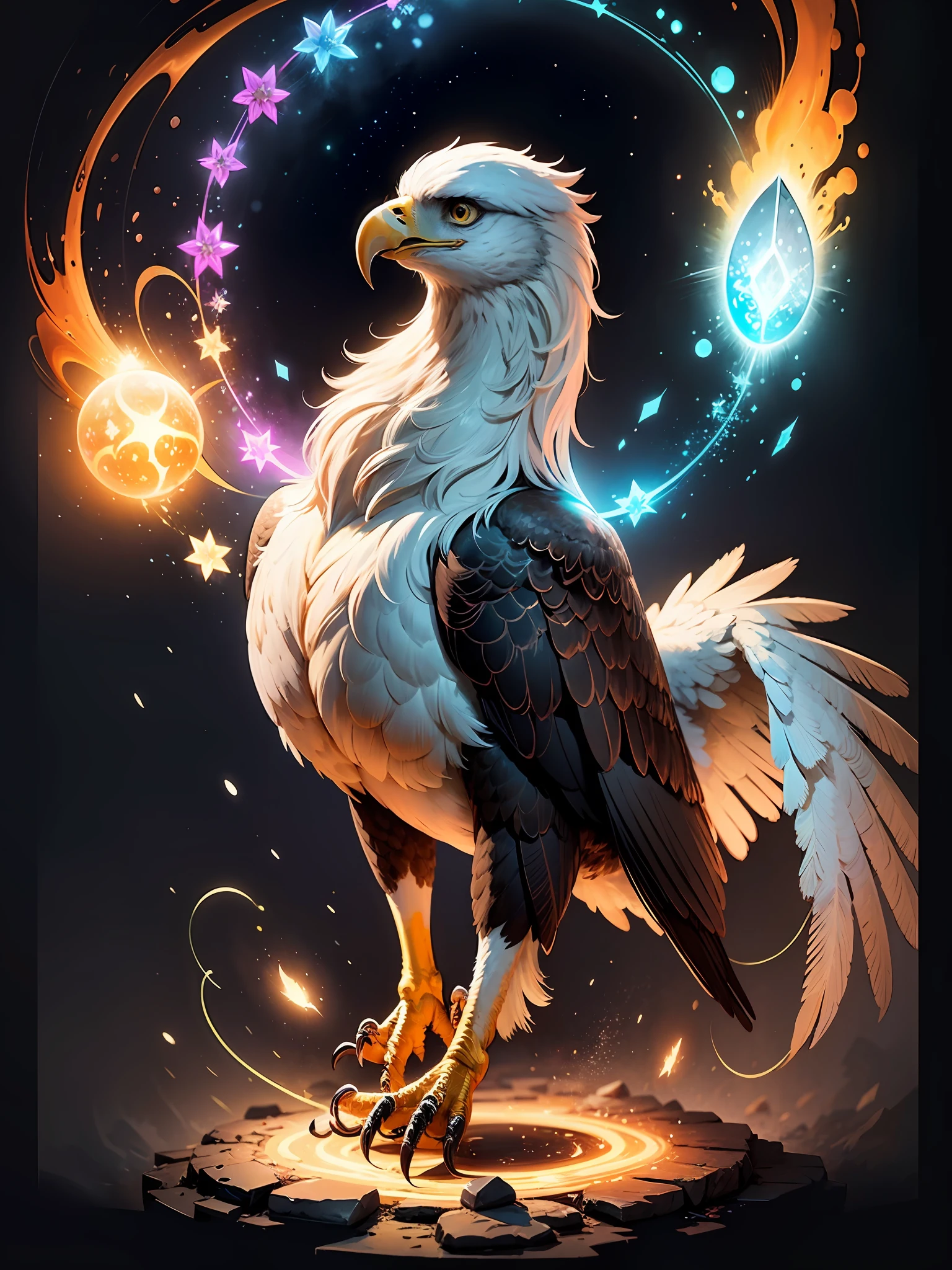 a painting of a colored eagle on a black background,, breathtaking rendering, within a radiant connection, inspired by Kinuko Y. Craft,, magical elements, kitten icon, wow, is beautiful, casting a multi colorful spell, bright flash, flash --auto