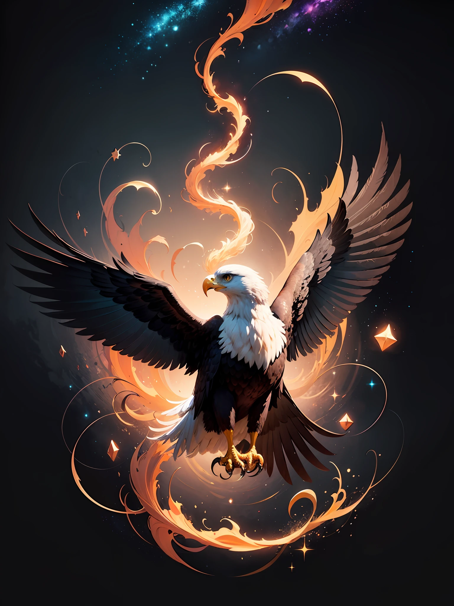 a painting of a colored eagle on a black background,, breathtaking rendering, within a radiant connection, inspired by Kinuko Y. Craft,, magical elements, kitten icon, wow, is beautiful, casting a multi colorful spell, bright flash, flash --auto