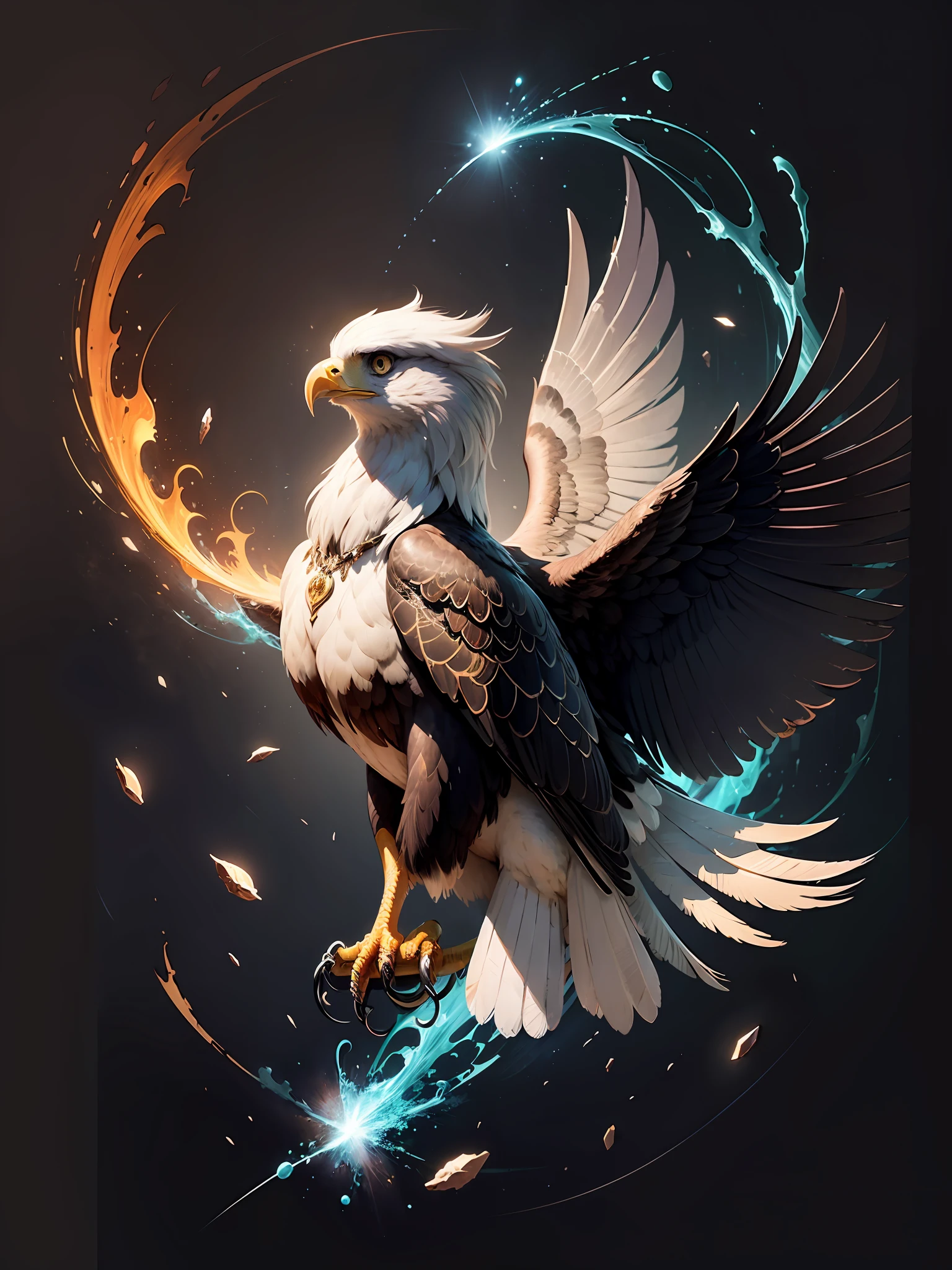 a painting of a colored eagle on a black background,, breathtaking rendering, within a radiant connection, inspired by Kinuko Y. Craft,, magical elements, kitten icon, wow, is beautiful, casting a multi colorful spell, bright flash, flash --auto