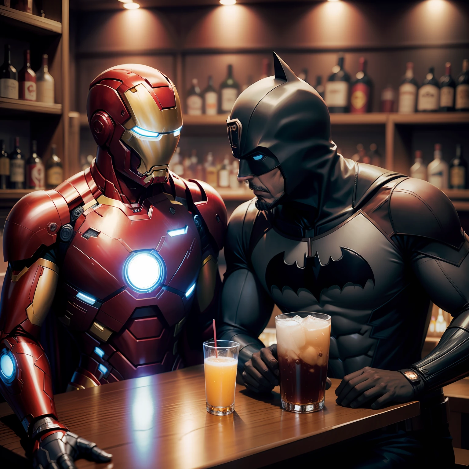 Iron man and Batman having alcoholic beverages together in a bar