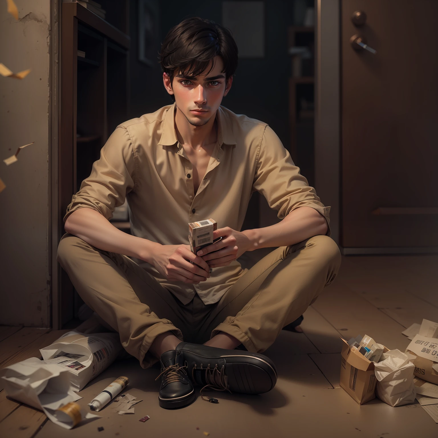 ultra realistic image of a 25 year old man, short black hair, dressed in a beige blouse and beige pants, sitting on the floor of a small dark room, holding a pack of cigarettes, confused expression