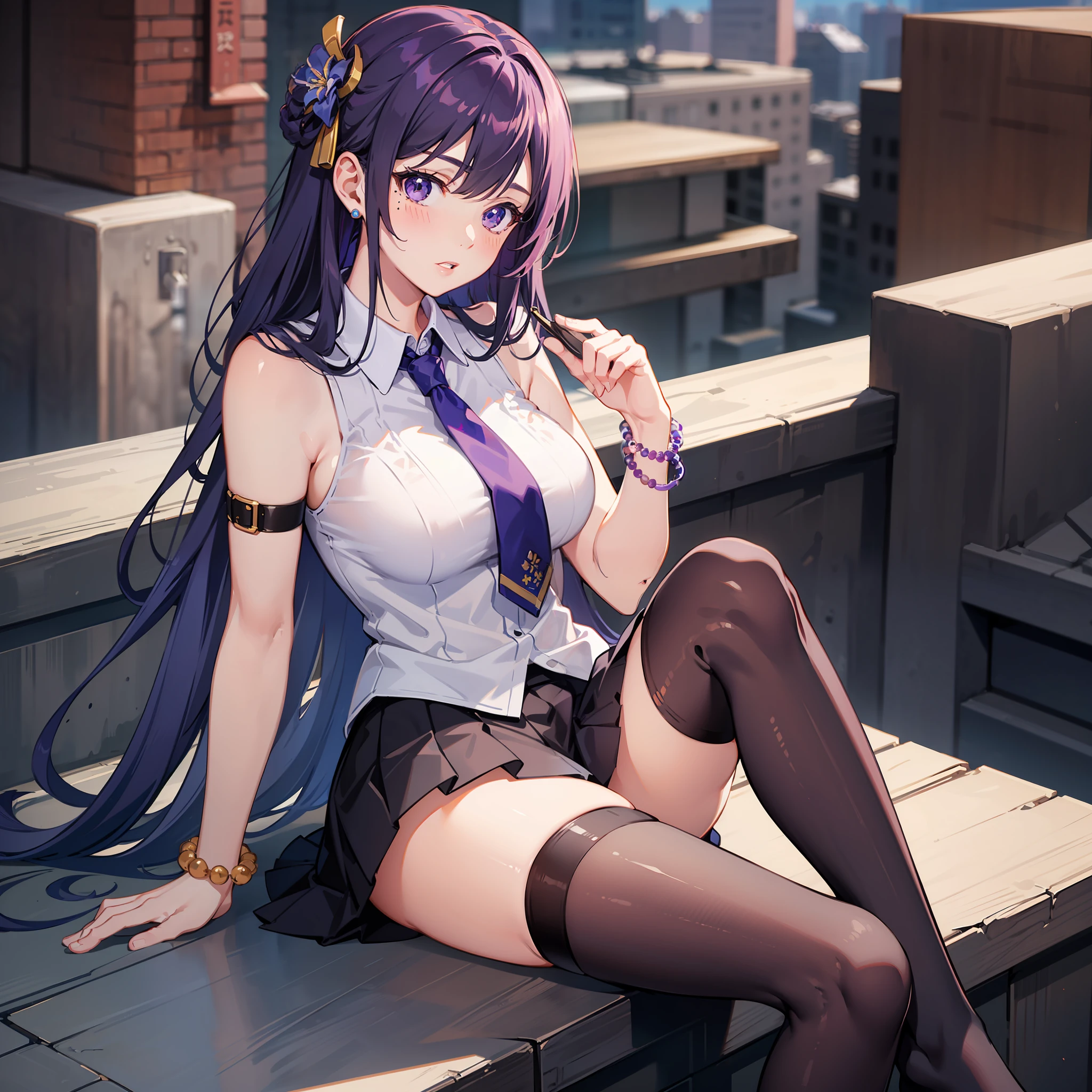 (masterpiece, best quality), (detailed and beautiful eyes), (detailed eyes and detailed face), (beautiful and clear background), (extremely detailed CG, super detailed, best shadows), (( depth of field)), beautiful conceptual illustration, (illustration), (extremely delicate and beautiful), (perfect detail) an anime women dressed in tight skirt sitting on the building ledge, 1 girl, skirt, solo, thighhighs, breasts, long hair, purple eyes, shirt, necktie, looking at viewer, large breasts, mole under eye, sleeveless, purple hair, s itting, black skirt, white shirt, hair ornament, collared shirt, raiden shogun, pleated skirt, bead bracelet, mole, sleeveless shirt, bare shoulders, bare arms, bracelet, outdoors, flower, very long hair, day, zettai ryouiki, bangs , beads, parted lips, blush, hair flower, jewelry, red necktie, black thighhighs, miniskirt, thighs,uhd,8k