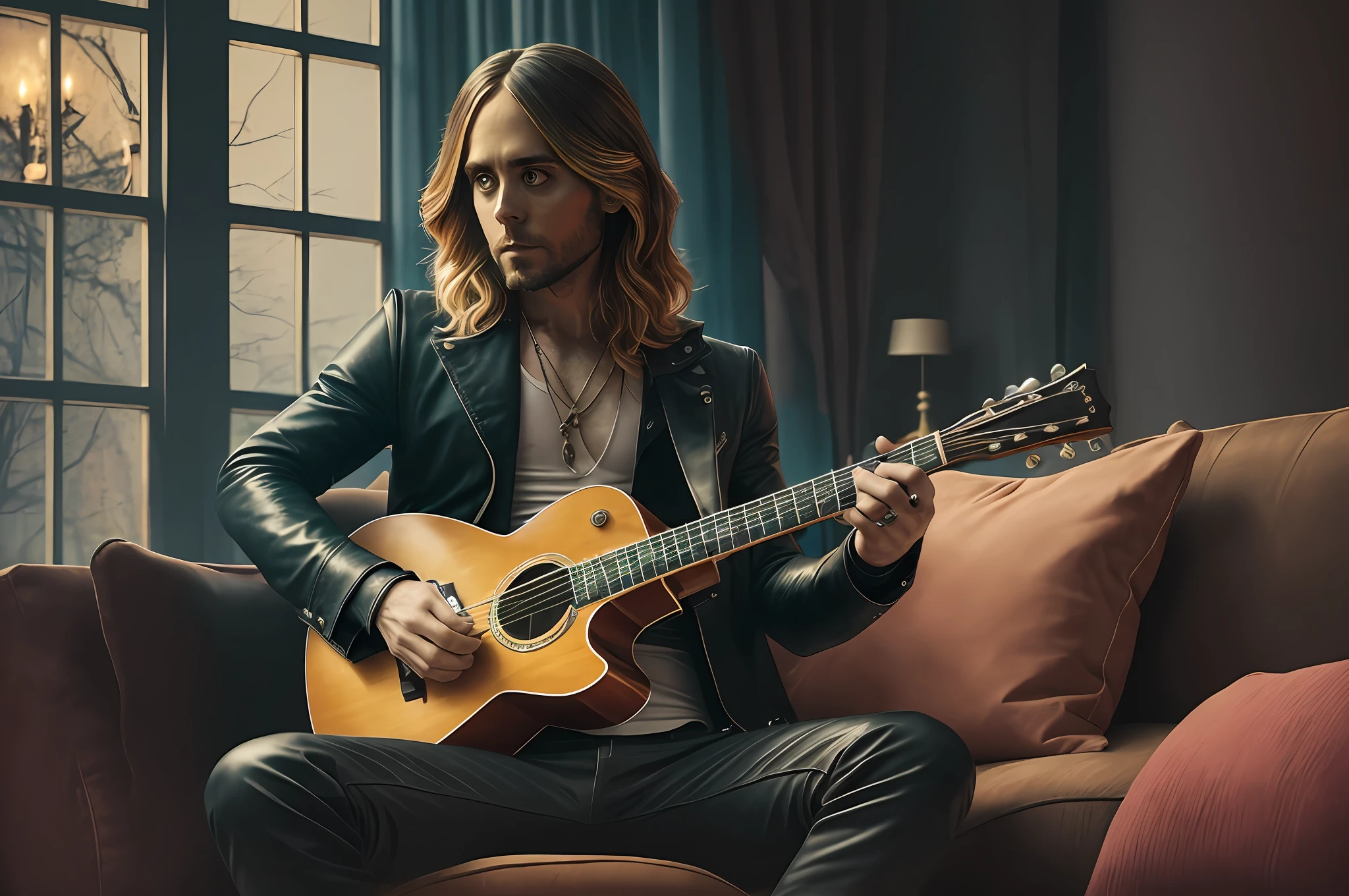Jared Leto on the black sofa in the living room playing guitar naked, bright luxury flat, gothic atmosphere, realistic, more details, high quality, no cloths
Style: photo --auto --s2