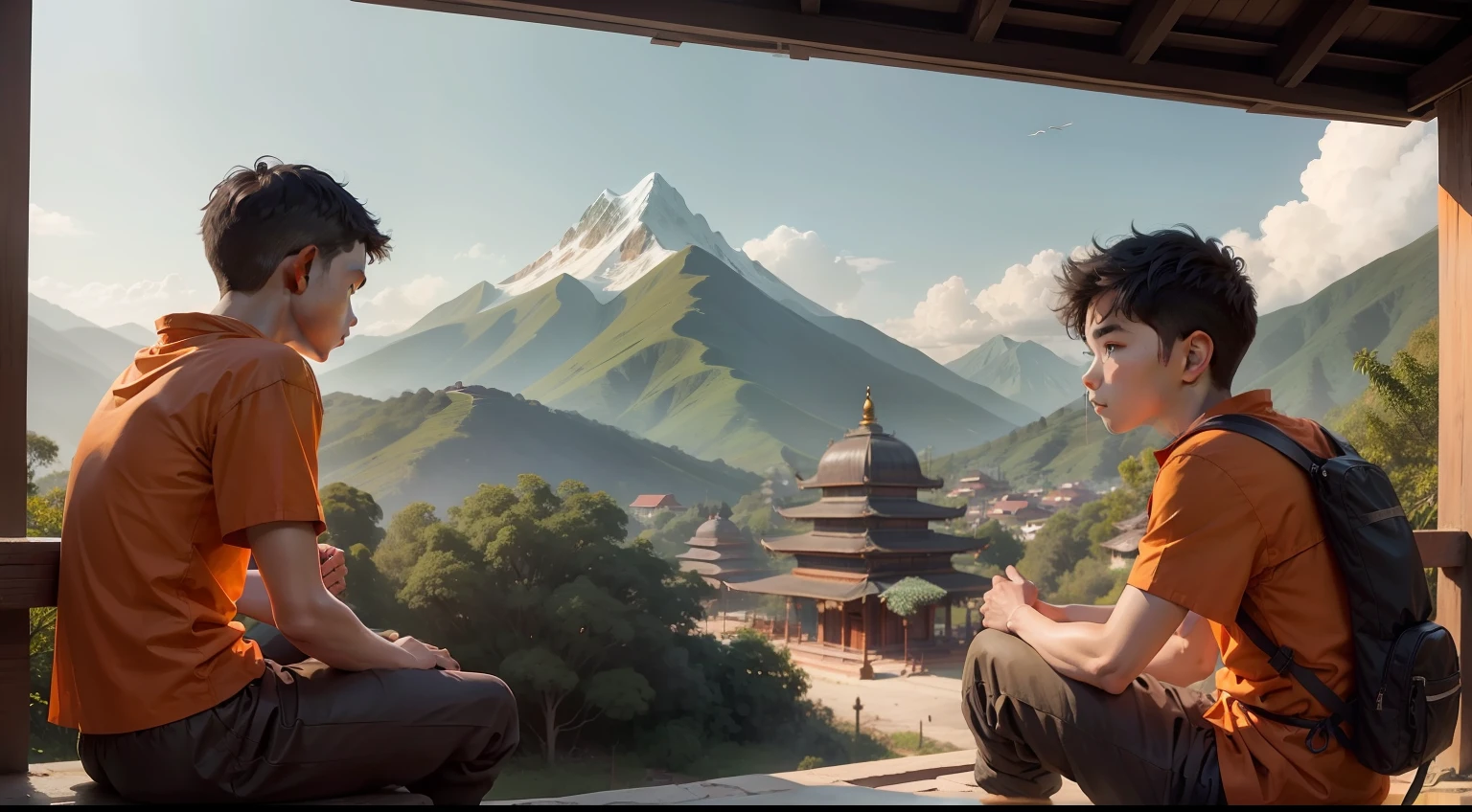 The boy sitting opposite the monk wearing an orange shirt, behind is a temple, mountains and forests