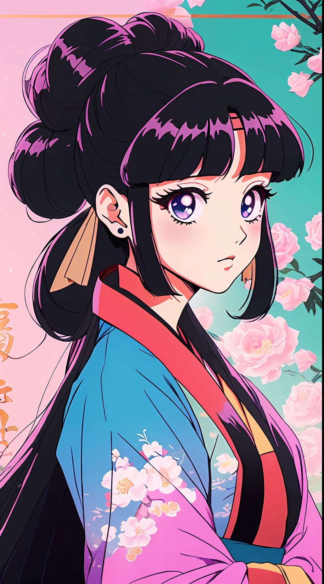 1 ancient Chinese princess，thick black hair，(Hanfu、Hairstyles、hair-bun)，pretty eyes，Blush，pastelcolor，Retro anime，1990s anime，tmasterpiece，Best quality