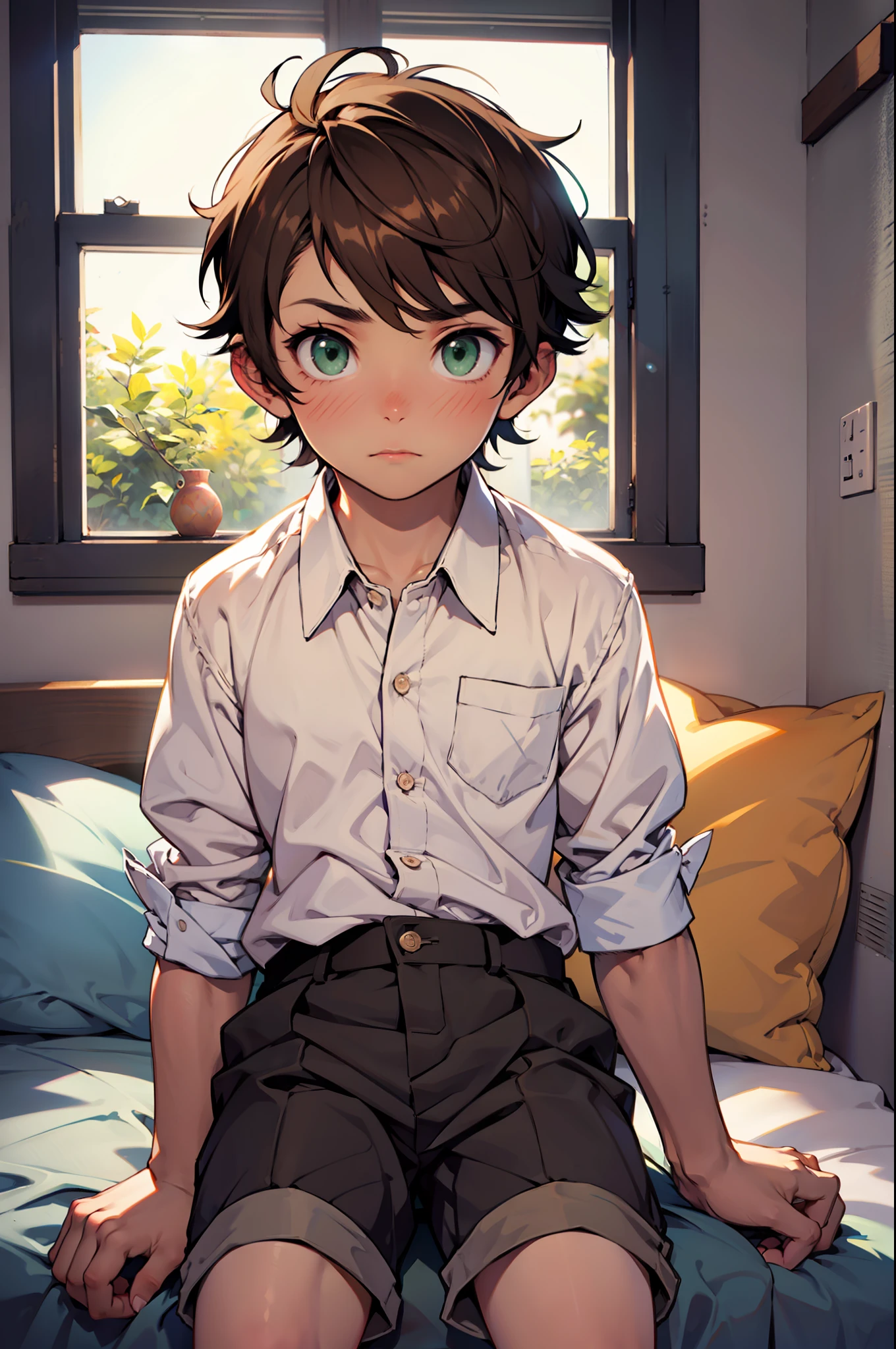 1 little boy, cabrito, Shota, with short brown hair and green eyes, Camisa, shorts, flushed and shy, en una cama