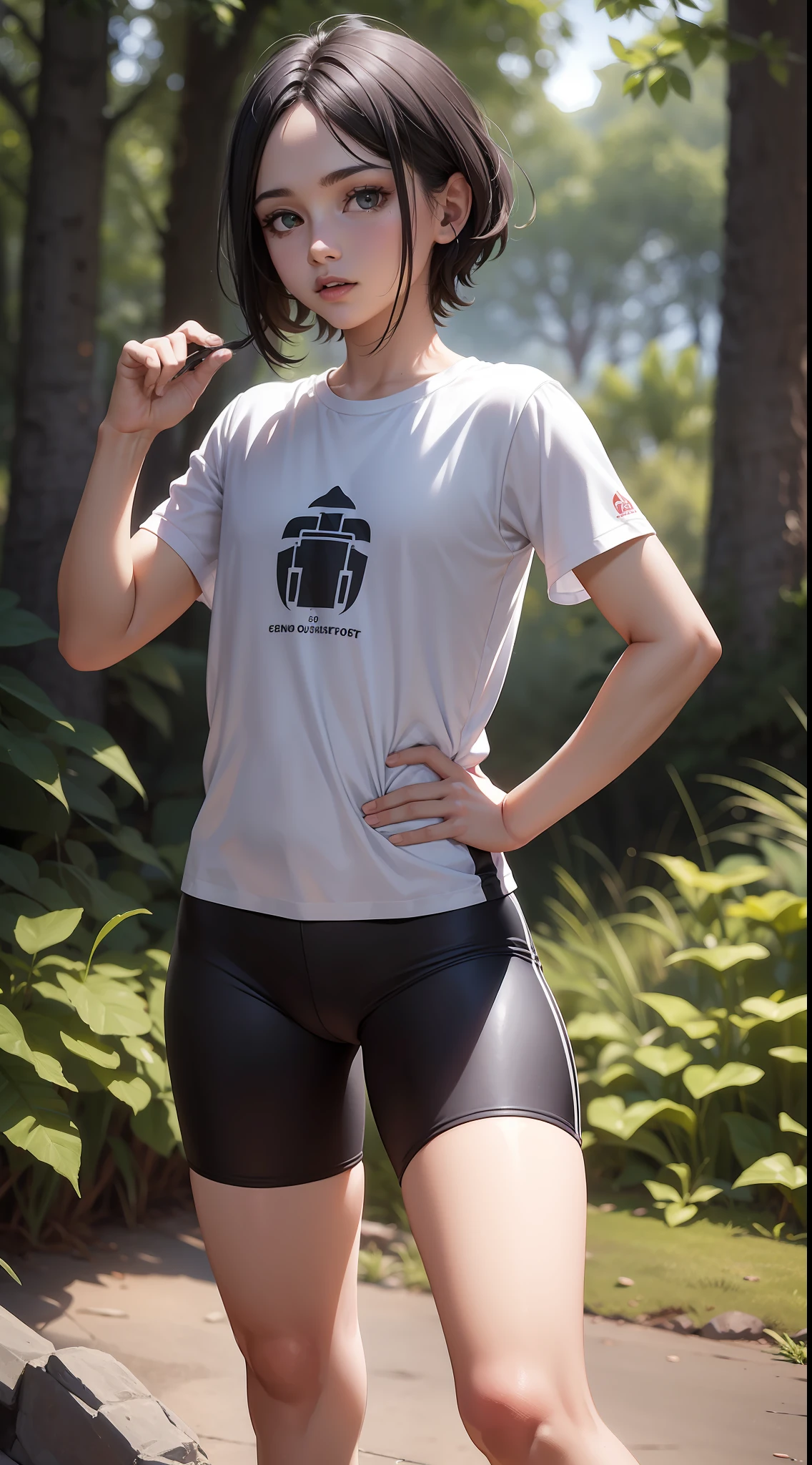 (foco nítido: 1,2), fotografia, (rosto bonito: 1,1), olhos fechados, delicious lips, (maquiagem de olho de gato: 0,85), fundo branco, (corpo tonificado: 1,2), (liso curto e preto cabelo:1.2), (Moderate lighting: 1,2), profundidade de campo, Bokeh, 4k, HDR. por (Tiago C. Christensen:1.2 | Jeremy Lipking:1.1). Jovem atraente chamada Anne de 8 anos de idade de corpo inteiro, pele branca, cabelo liso preto, small hands, wearing black sneakers, vestindo camiseta preta e bike shorts vermelho, standing with his mouth open and hands behind his body, Vista lateral, de lado para a camera