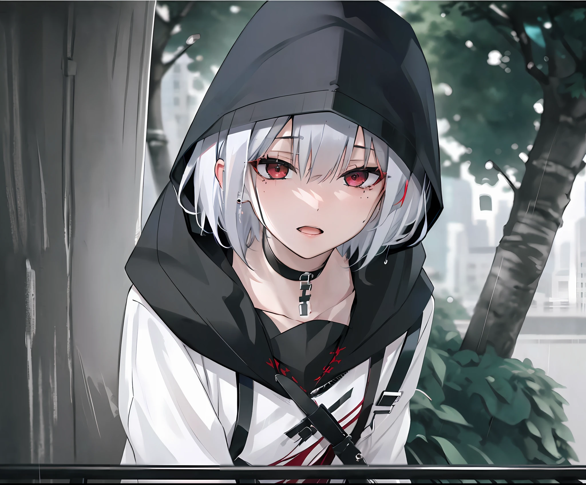 kk, best quality, more details, masterpiece, 1boy, kaneki ken, portrait, male focus, red eyes, solo, bangs, looking at viewer, hood, short hair, rain, tokyo tokyo \(city\),  hood up, nail polish, white hair, luxurious, 8k, detailed, ray tracing, depth of field, cinematic lighting,