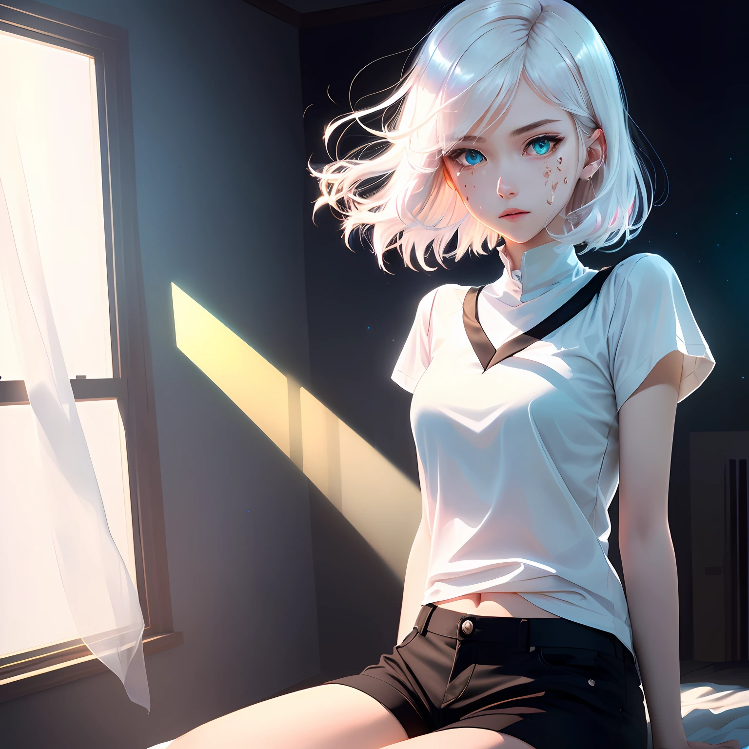 colorful, houseki no kuni,
(masterpiece, best quality, ultra-detailed),
soft lighting, transparent clear hair, glowing hair, glowing white  eye,
girl, black short pants, bright skin, white shirts, painful face
bare arm, slender, (glare), (shine), soft lighting, depth of field, strong bokeh, ray tracing,prism light