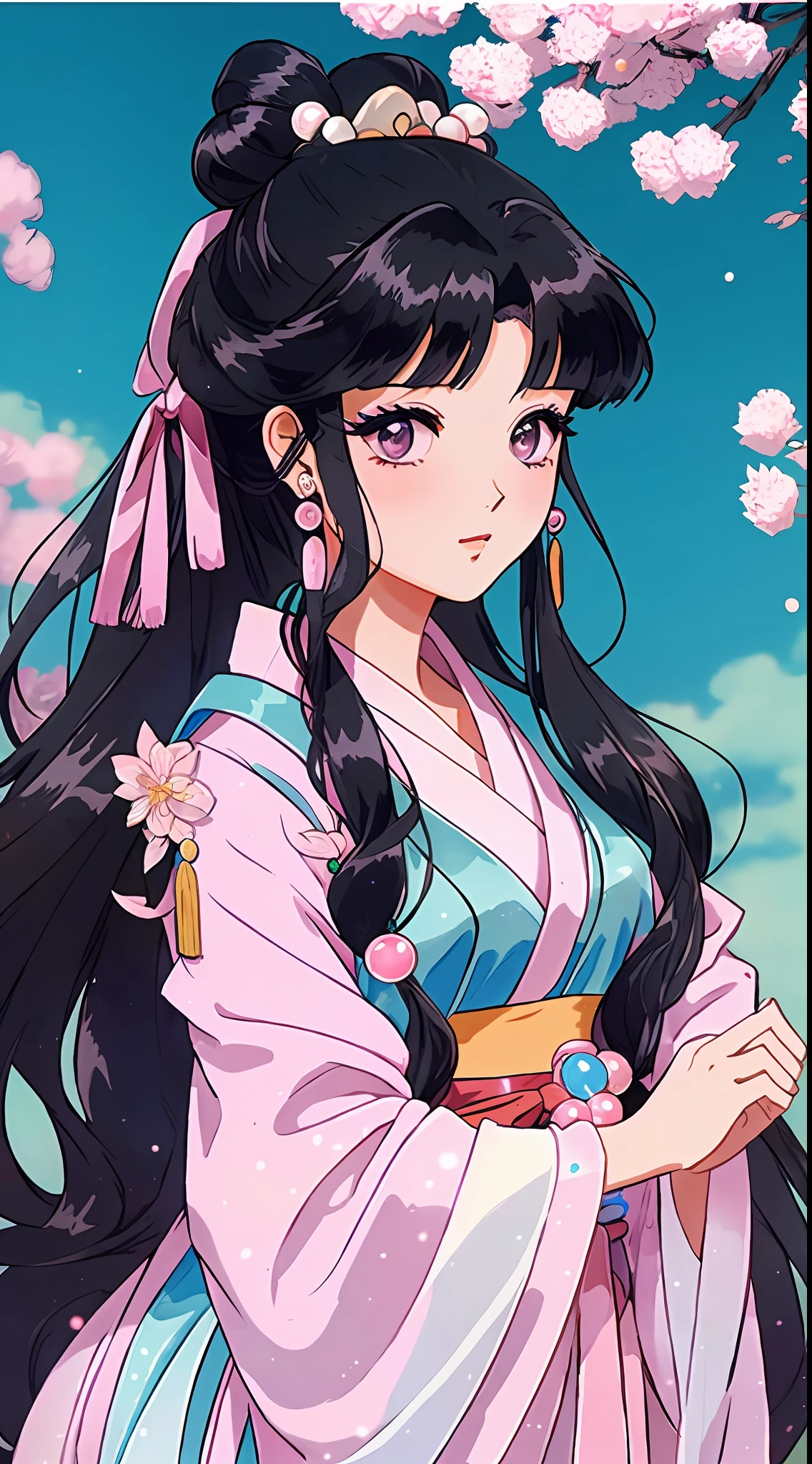 1 ancient Chinese princess，thick black hair，(Hanfu、Hairstyles、hair-bun、Beads)，pretty eyes，Blush，pastelcolor，Retro anime，1990s anime，tmasterpiece，Best quality