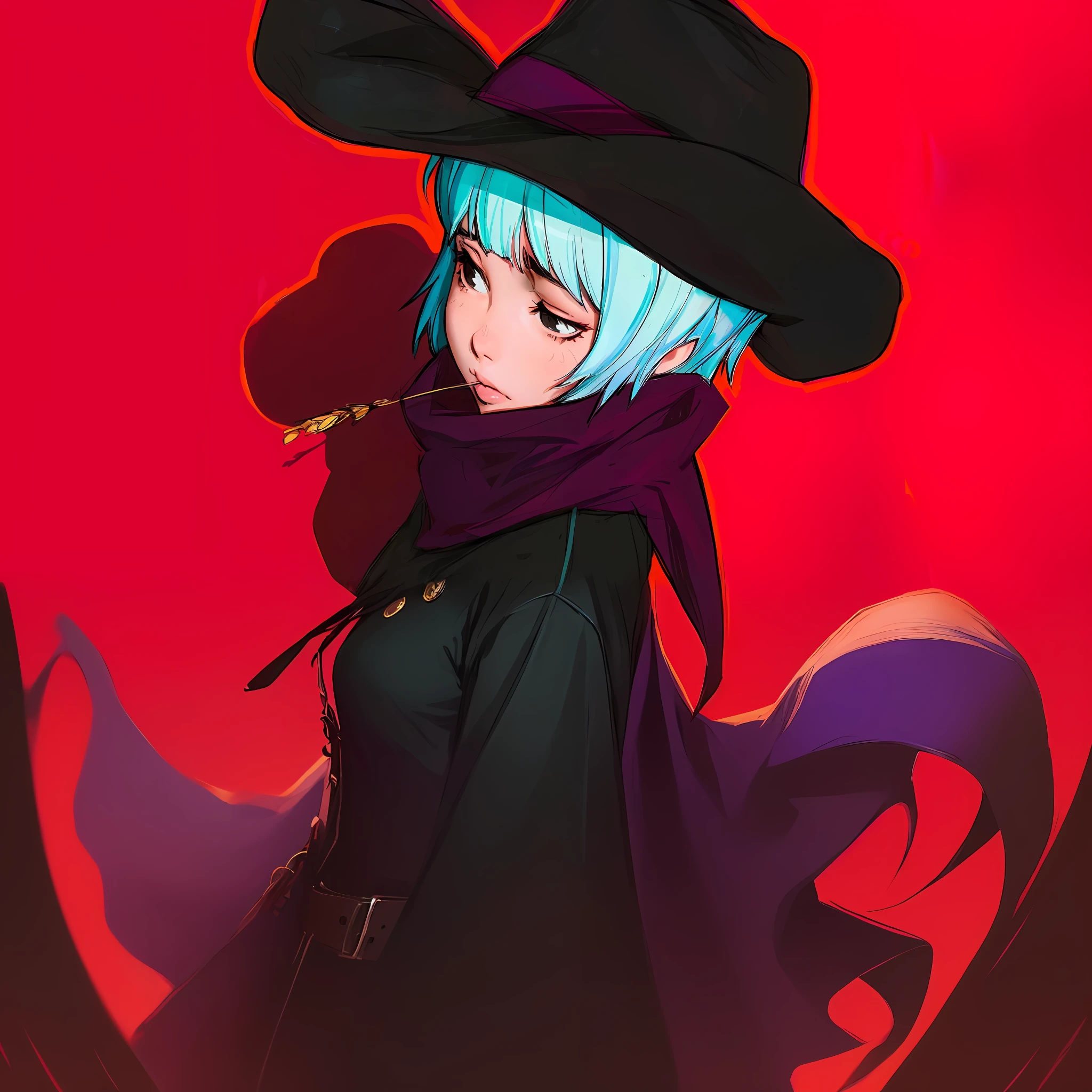 fundo vermelho，anime girl with blue hair wearing a black hat and scarf，the witch，2 d anime style，artgerm and ilya kuvshinov，witch academia，portrait of a young witch girl，Kuvshinov Ilya，Kuvshinov，Ilya Kuvshinov style，ilya kuvshinov and artgerm，bright witch。