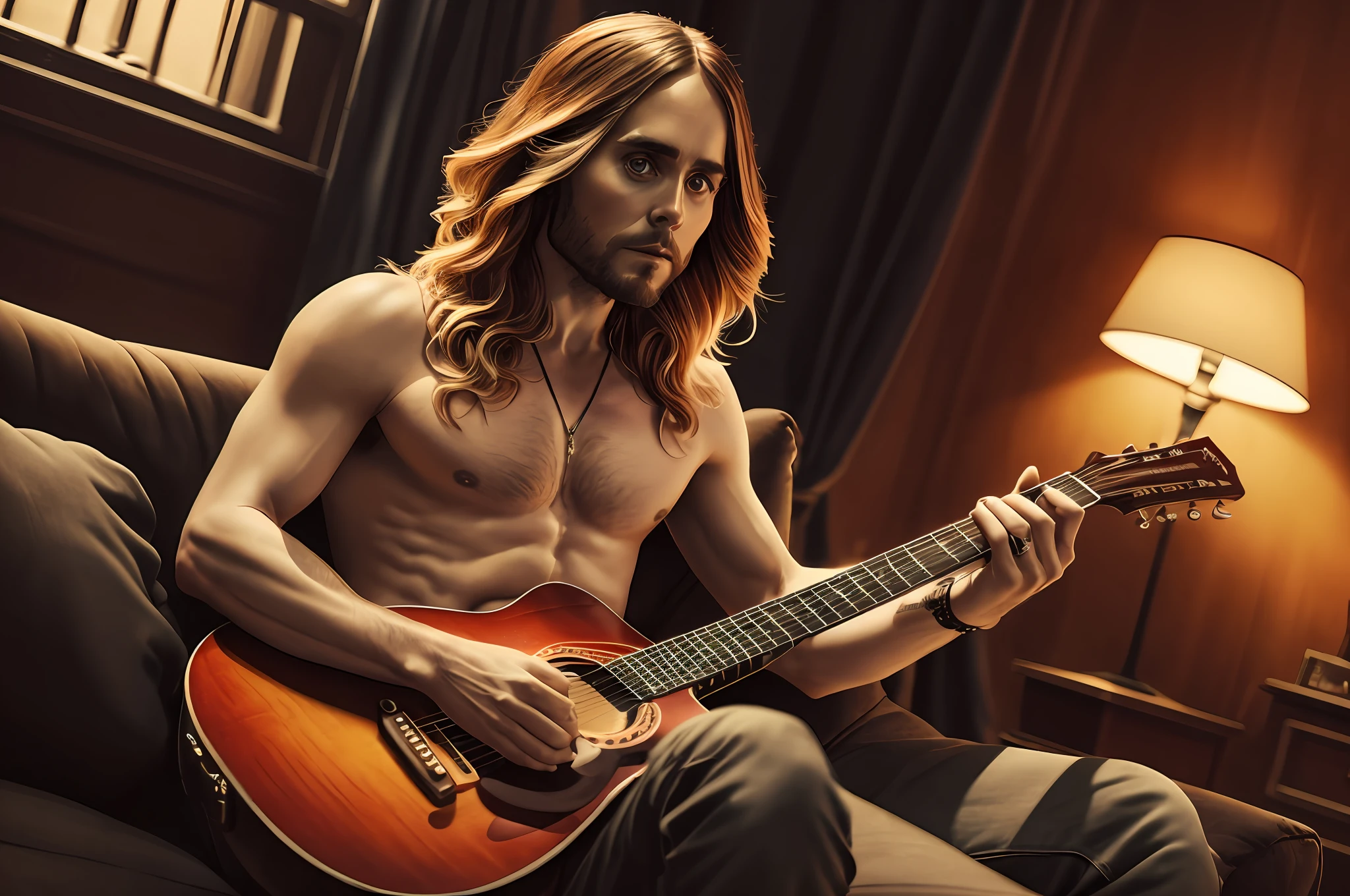 Jared Leto on the black sofa in the living room playing guitar naked, bright luxury flat, gothic atmosphere, realistic, more details, high quality, no cloths
Style: photo --auto --s2