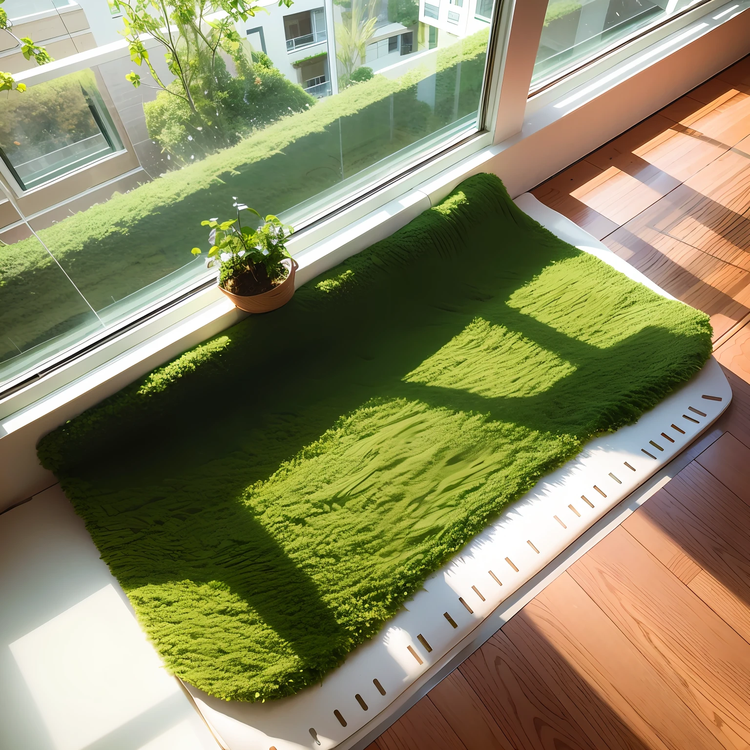 Do not change the floor mat，Through floor-to-ceiling windows，white curtain，green plant，Daylight，shadowing，brightly