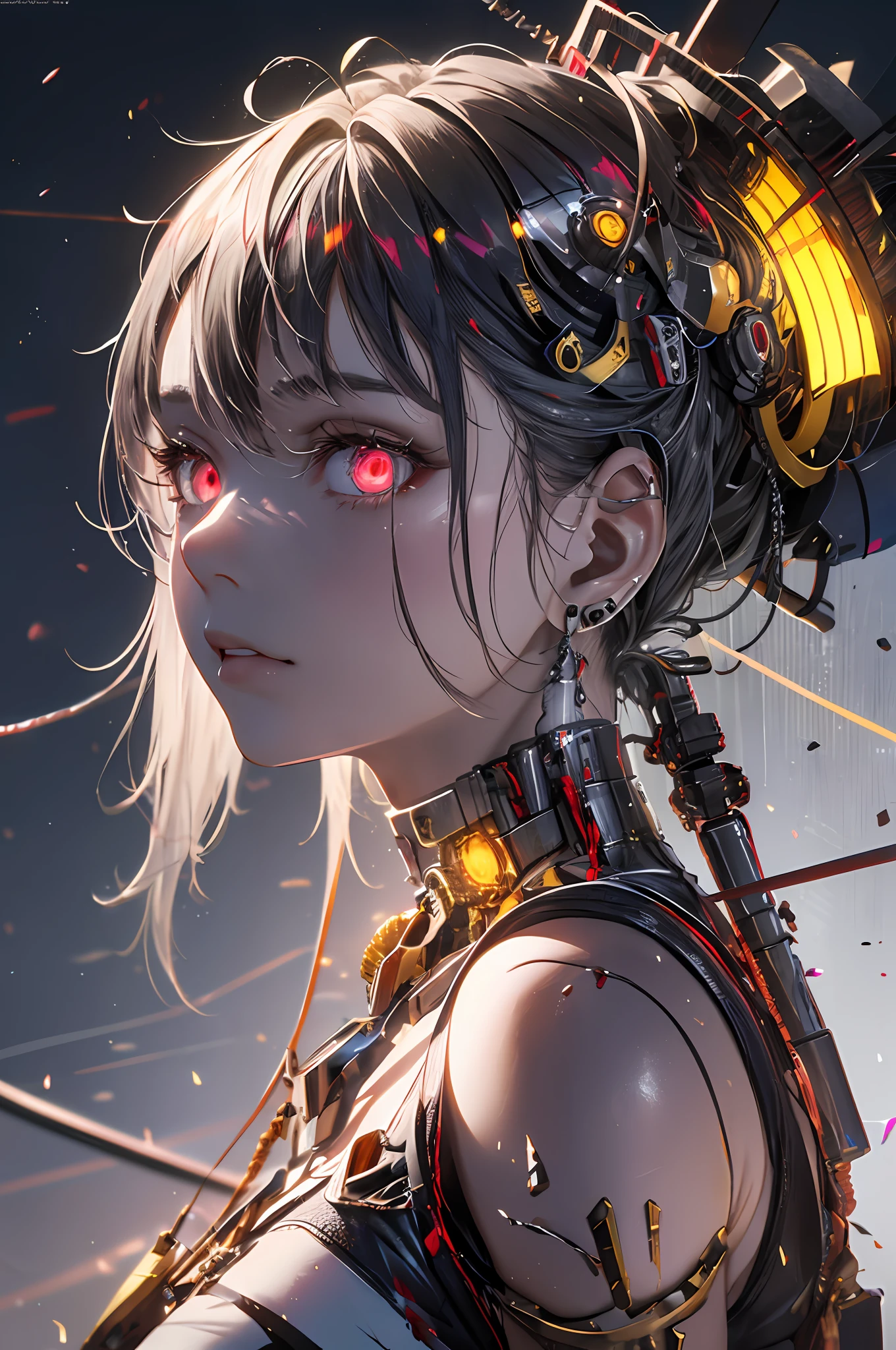 1mechanical girl,((ultra realistic details)), portrait, global illumination, shadows, octane render, 8k, ultra sharp,metal,intricate, ornaments detailed, cold colors, egypician detail, highly intricate details, realistic light, trending on cgsociety, glowing eyes, facing camera, neon details, machanical limbs,blood vessels connected to tubes,mechanical vertebra attaching to back,mechanical cervial attaching to neck,sitting,wires and cables connecting to head