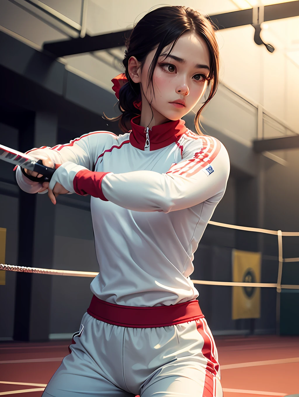Fencing sports competition holding a long sword wearing white fencing clothes --auto