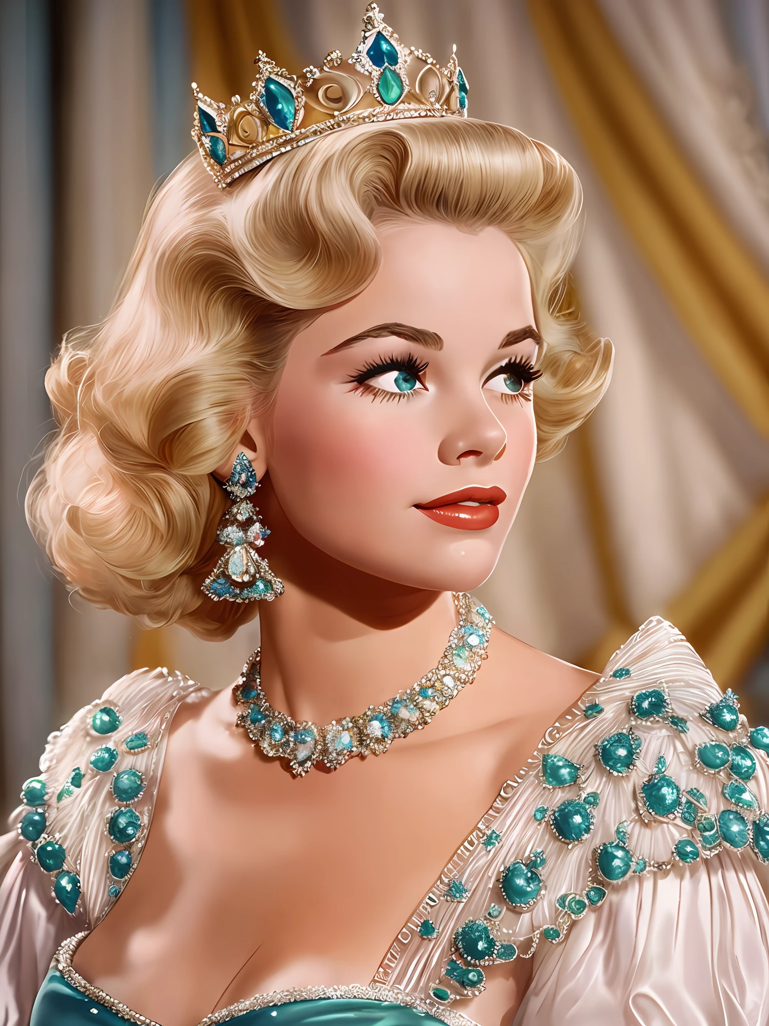 1950s Technicolor Teen Comedy Movie, Sandra Dee, Formal and Official Coronation Portrait, Portrait of a stunningly beautiful young blonde Queen wearing A Stately and Elaborate Royal Cinderella Ballgown with (((enormous puffed sleeves))) and an hourglass waist, adorned with bows, embroidery, and jewels, long white gloves, Crown Jewels
