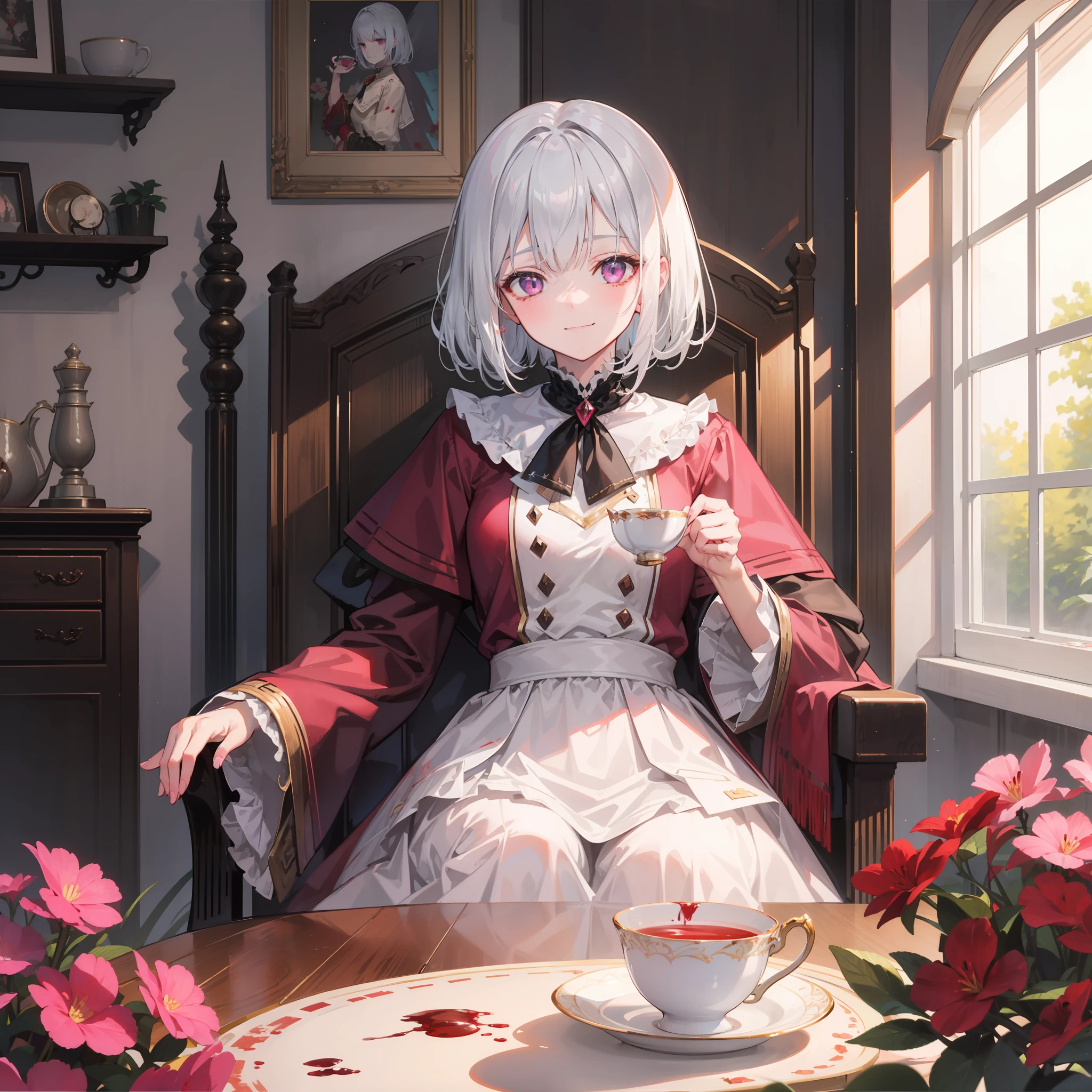 Miss Silverhair，Sit in a chair and soak up the sun，There is love in the pink eyes，On the table in front of him were a cup of tea and a discarded teacup，With a hint of a smile on his face，There was a little blood on the ground，On the ground lay a bloodstained knife