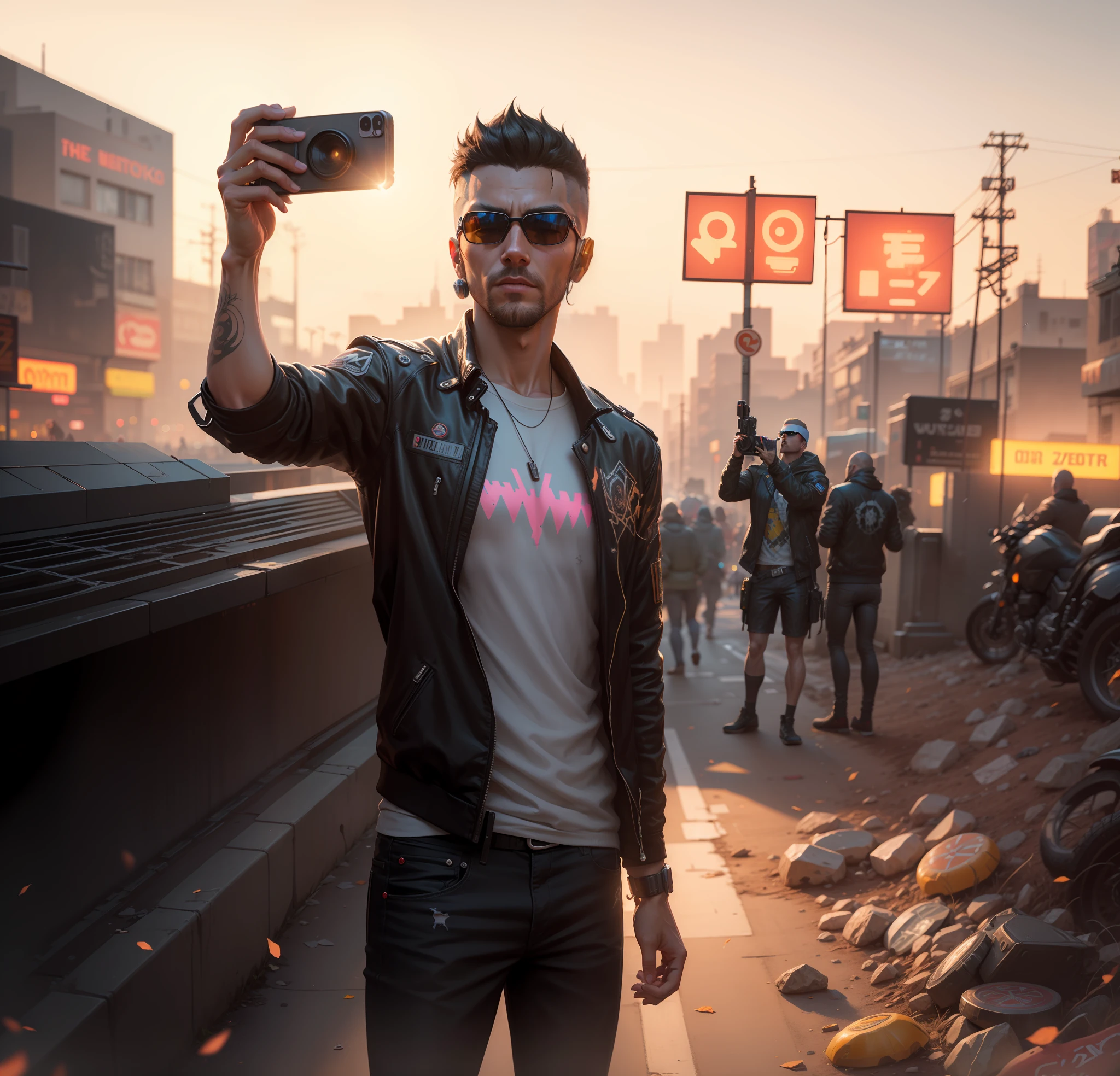 there is a man taking a picture of himself on the street, cyberpunk art ultrarealistic 8k, in cyberpunk 2077, in a cyberpunk setting, hero pose colorful city lighting, (cyberpunk 2077), cyberpunk dude, hyper-realistic cyberpunk style, in cyberpunk 2 0 7 7 cp 2 0 7 7, ( cyberpunk 2 0 7 7