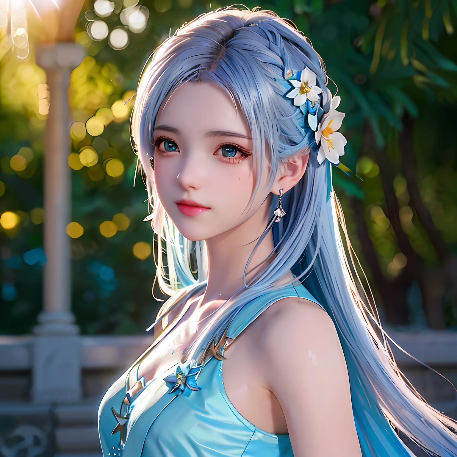 Arapei girl with blue hair and a flower in her hair, trending on cgstation, Anime girl cosplay, beautiful teenage girl, Realistic anime 3 D style, Fantasy art style, Guviz-style artwork, trending at cgstation, Beautiful digital artwork, Anime cosplay, 8K Artgerm bokeh, 🌺 CGSesociety