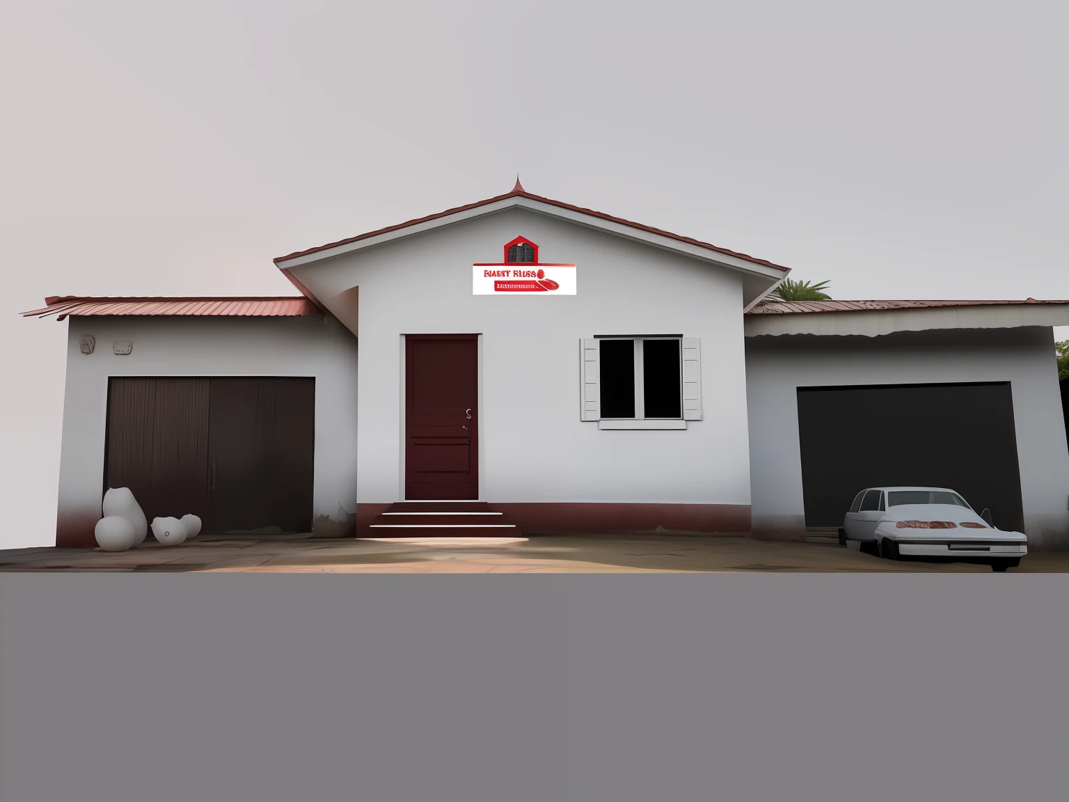 There is a white house with a red roof and a red roof, imagem frontal, Vista frontal, vista frontal, casa completa, vista exterior, vista externa, Frente, imagem central, uma casa, visto de fora, Front view, old building, building facing, Vista frontal, casa velha, foto frontal, Frontal, Villa Interdimensional, imagem real