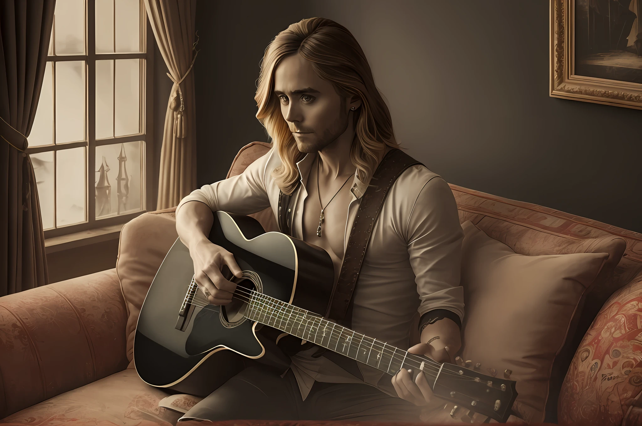 Jared Leto on the black sofa in the living room playing guitar naked, bright luxury flat, gothic atmosphere, realistic, more details, high quality, no cloths
Style: photo --auto --s2
