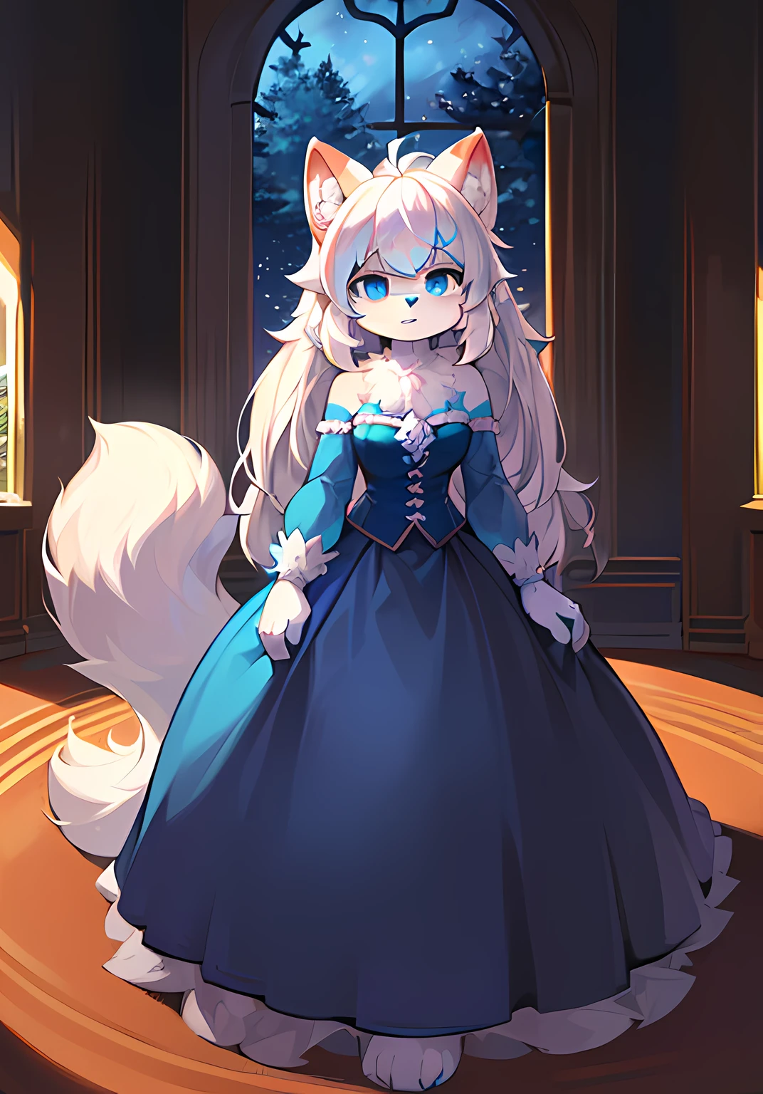 (anthro, Fluffy fur, Character focus:1.1),eyes with brightness, in a panoramic view, Character focus. (detailedbackground:0.7), shaggy, Furry female, (Full Body Furry, Fluffy tail, White hair，Young, blue color eyes, adolable:1.2), (long canines，Women's Park:1.2), (interiors, the night, borgar:1.1)