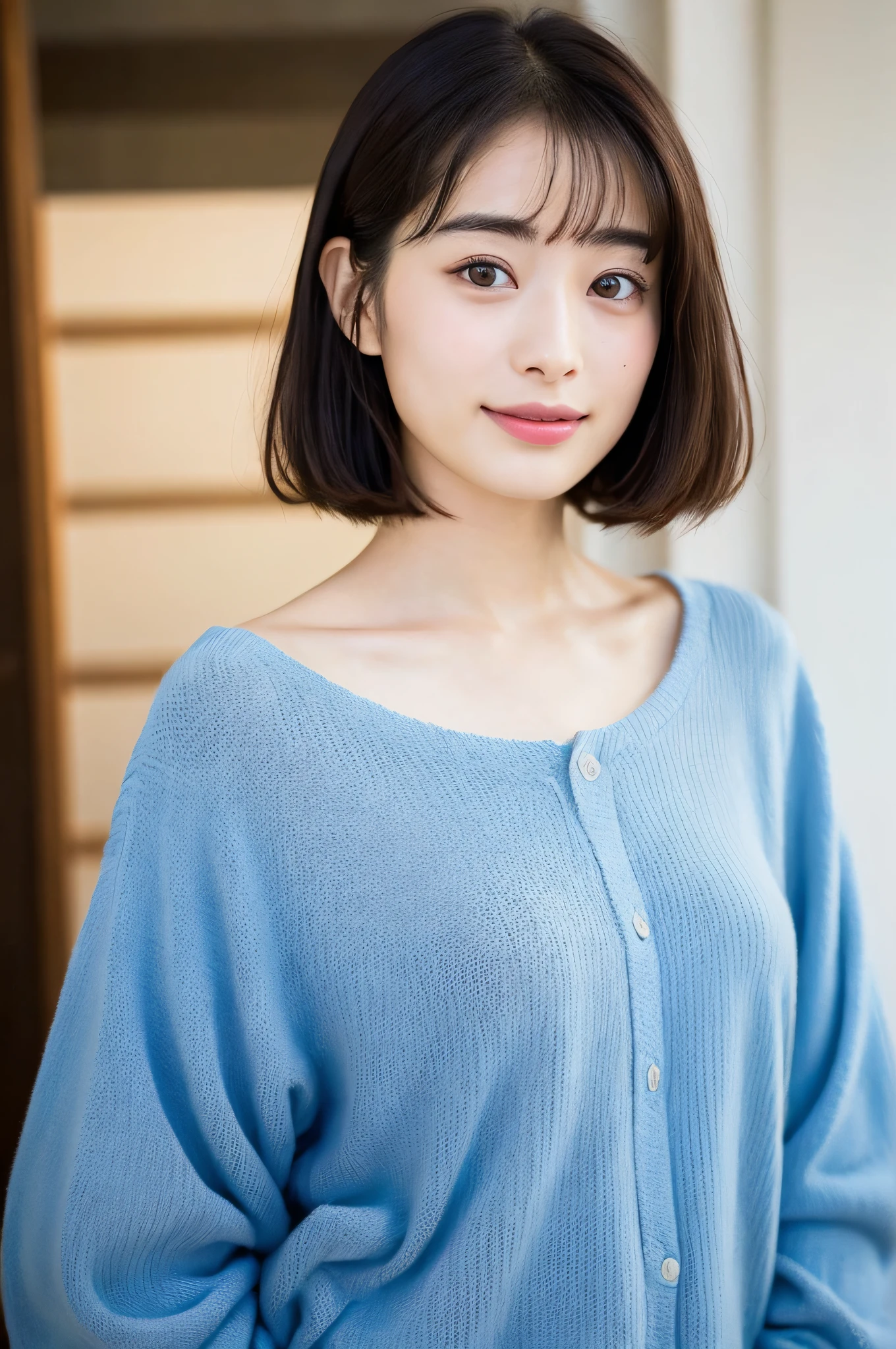 Suzu Hirose、attractive figure、Very delicate face and skin texture、A detailed eye、二重まぶた、A slight smil、Lots of moles、