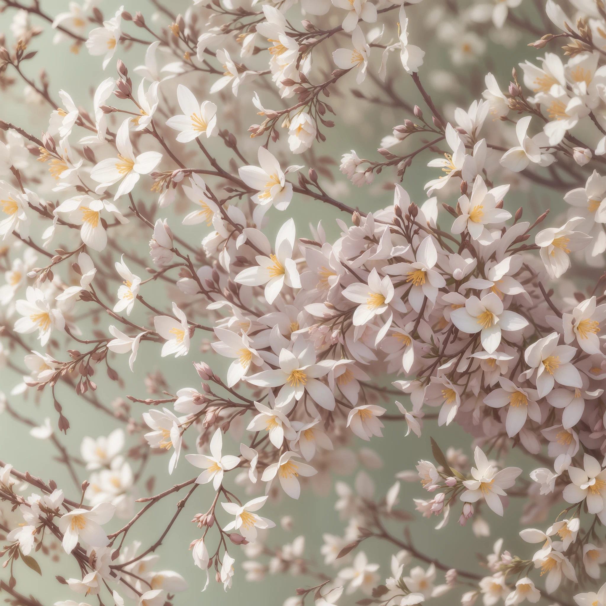 1000 jasmine flowers on pale green background,surrealism, hyper photorealism, Chiaroscuro, Depth of field, JPEG artifacts, Wide shot, Perspective, Atmospheric perspective, in a panoramic view, Lens flare, hyper HD, Masterpiece, ccurate