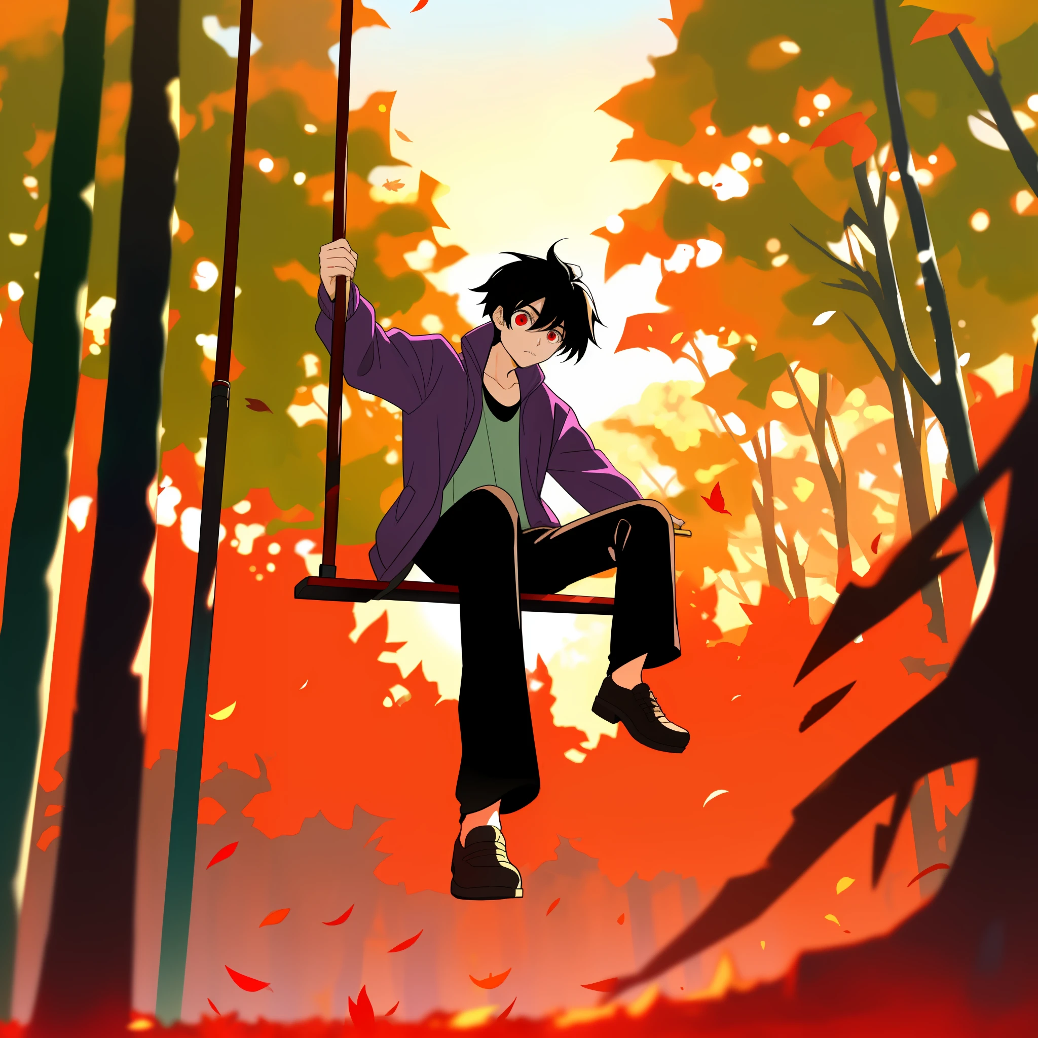 A lonely and sad man, he swings on a swing to face the setting sun, black hair fluttering, red eyes shining, dressed in a purple jacket with long black pants. He was the only one around. The perspective is directly ahead, the ground is covered with falling maple leaves, sitting on the swing