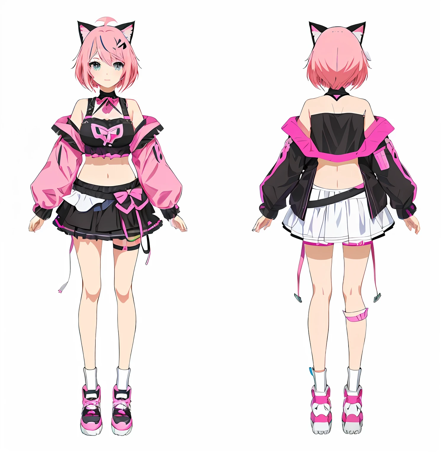 Anime character design for a girl with pink hair and cat ears, anime set style, anime style character, live2d virtual youtuber model, Flat anime style, anime vtuber full body model, fursona wearing stylish clothes, anime girl with cat ears, Anime Stylization, anime full body illustration, Anime character design, anime styled 3d, style of anime