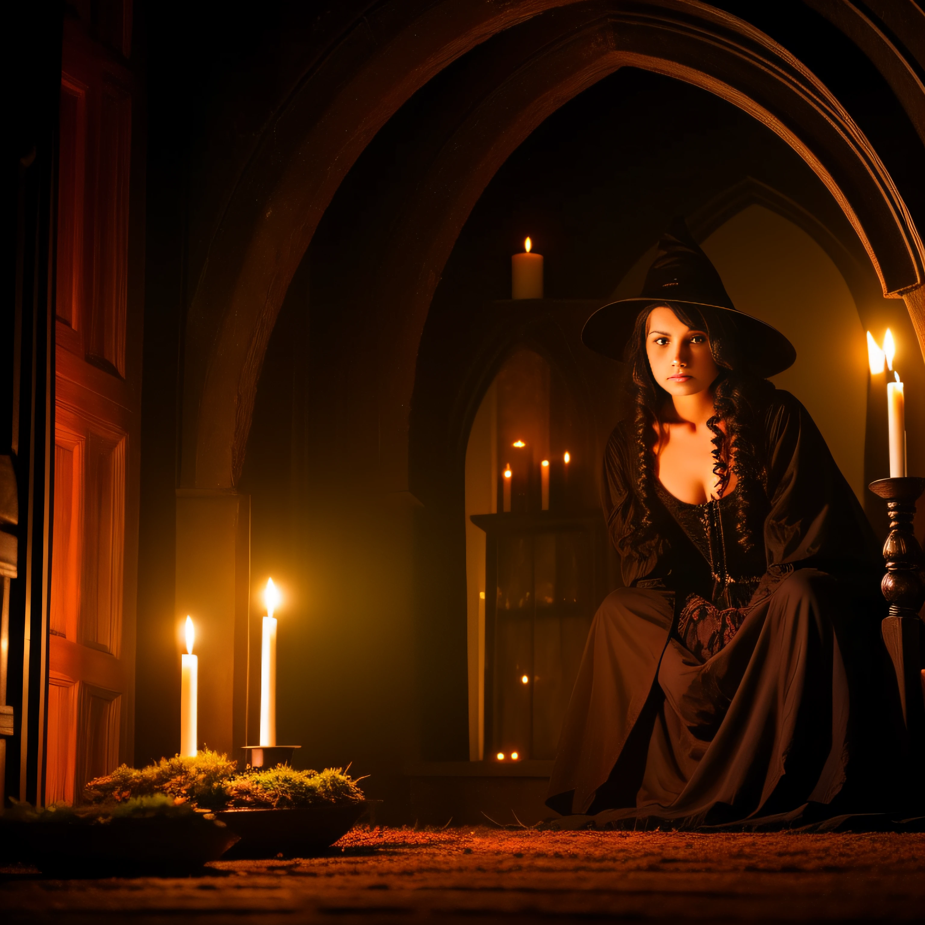 A beautiful young witch inside a dark mansion
