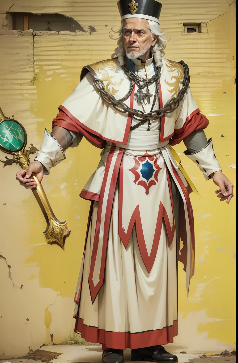 Bispo velho com cabelo grisalho portando um cetro, com um manto e encostado em um muro dourado, por artista "anime", anime, japanese manga, velho feitceiro, rico, Ratzinger, pope, Arte de Anime