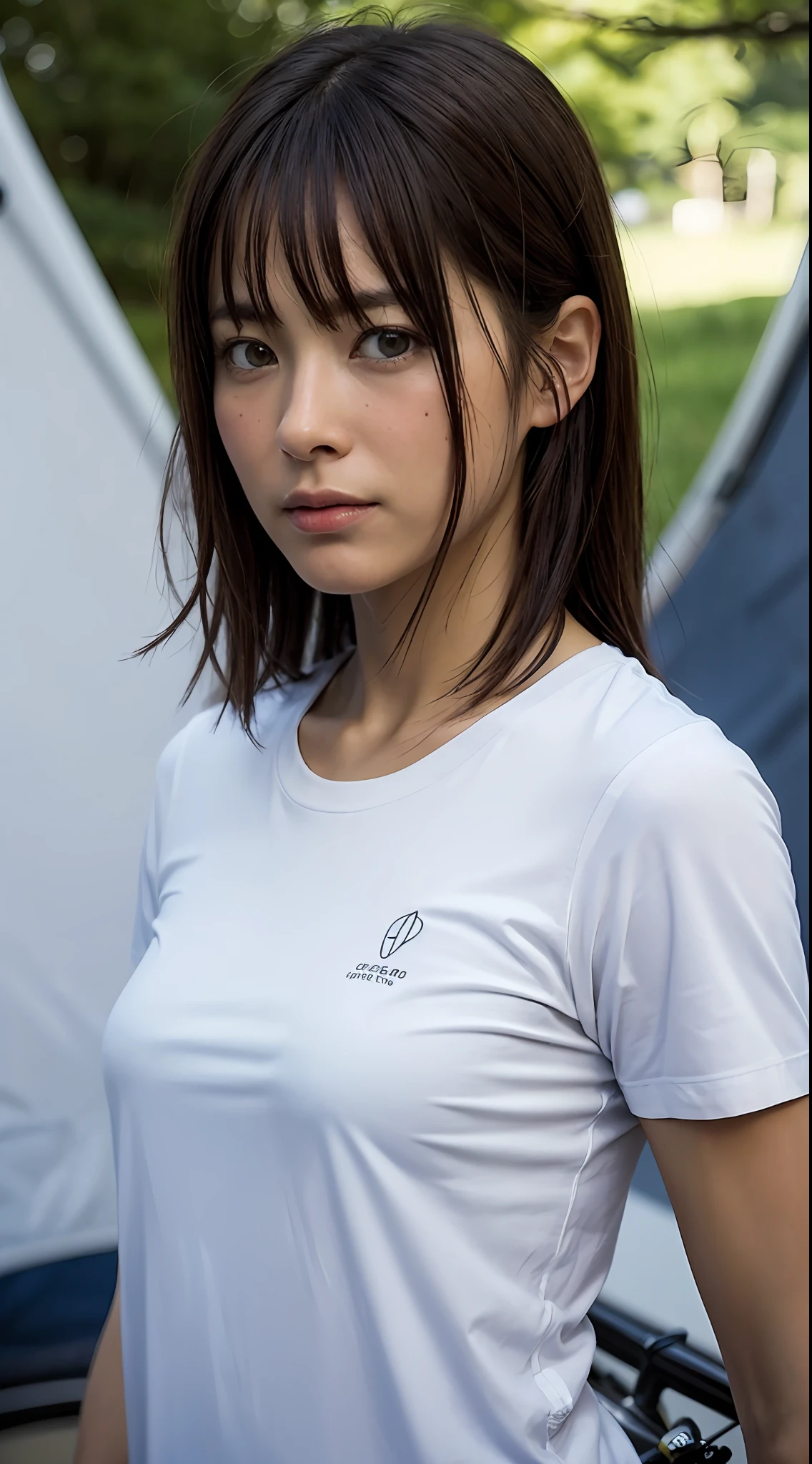 doress、(Photorealsitic:1.4)、(hyper realisitic:1.4)、(realisitic:1.3)、(Smooth lighting:1.05)、(Improved lighting quality in movies:0.9)、32K、1girl in、20 years girl、Realistic lighting、Back lighting、Facial light、raytrace、(brightened light:1.2)、(enhanced quality:1.4)、(Top quality real texture skins:1.4)、finely eye、finerly detailed face、Fine quality eye、(Tired, sleepy and satisfied:0.0)、 close up of face、tshirts、(enhance body line mood:1.1)、(Increase the beauty of skin texture:1.1)、((fukada kyoko))、bicycle、Lakes in Switzerland、teepee、campsite